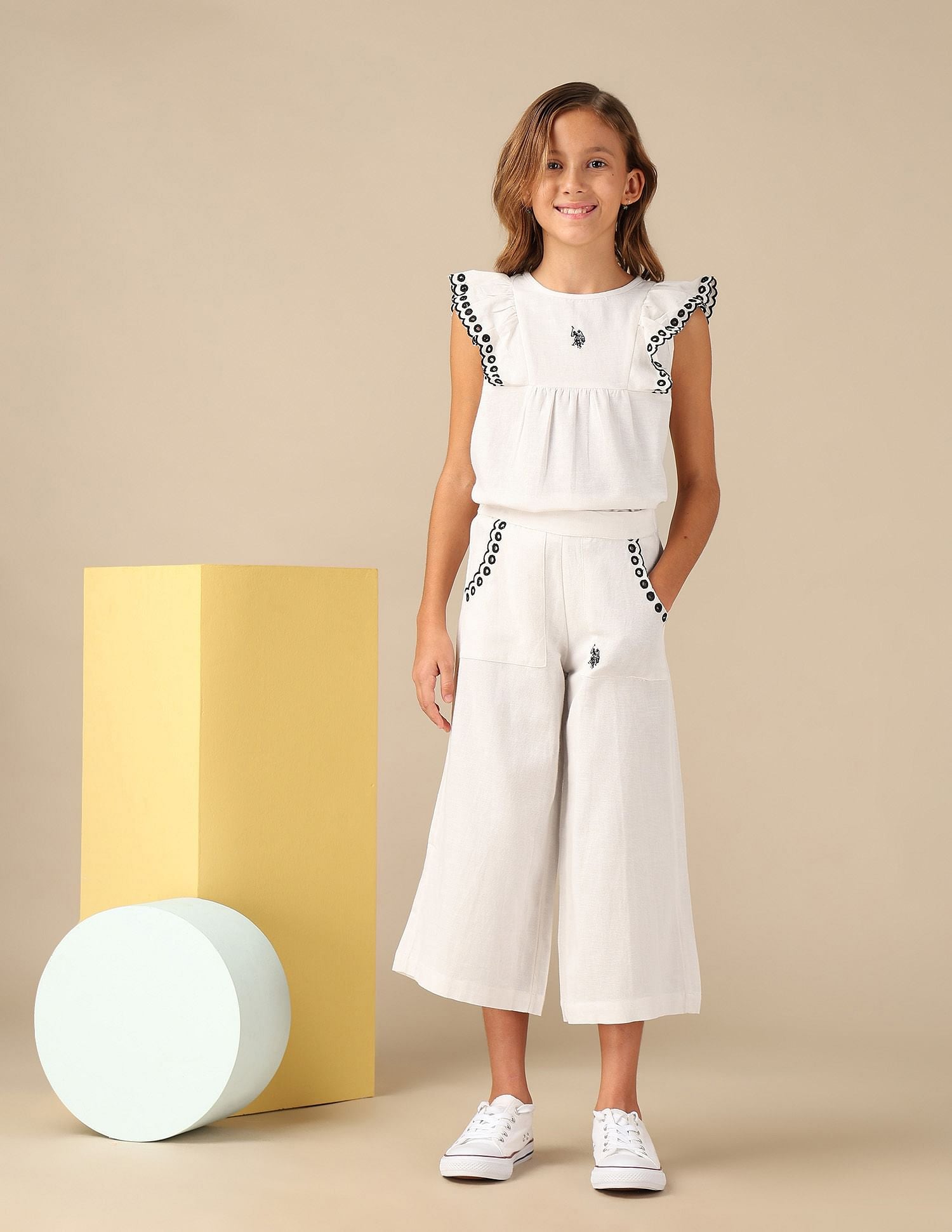 Girls Wide Leg Embroidered Trousers Ecru - U.S. POLO ASSN. | Large