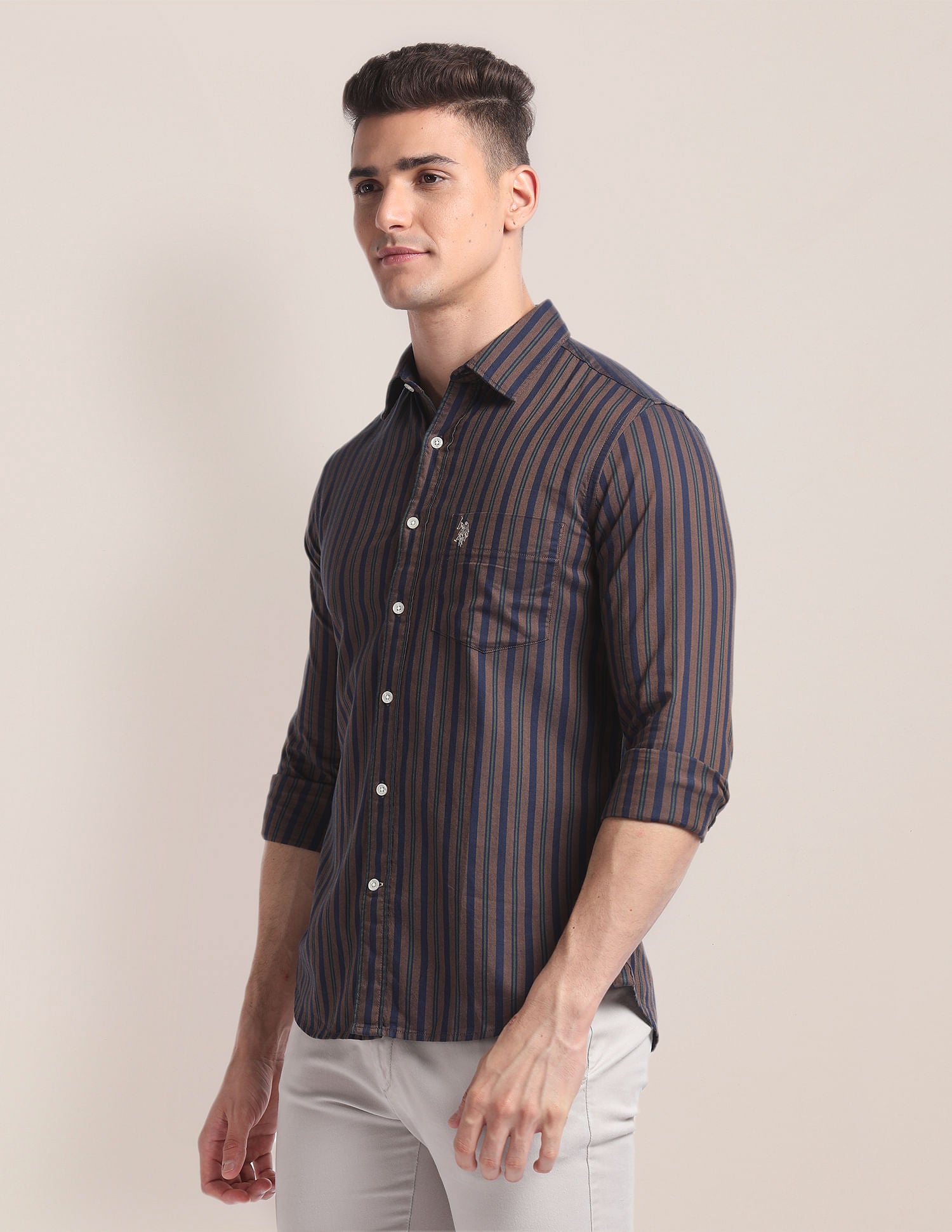 Vertical Stripe Dobby Shirt Brown and Navy - U.S. Polo Assn. India | Large