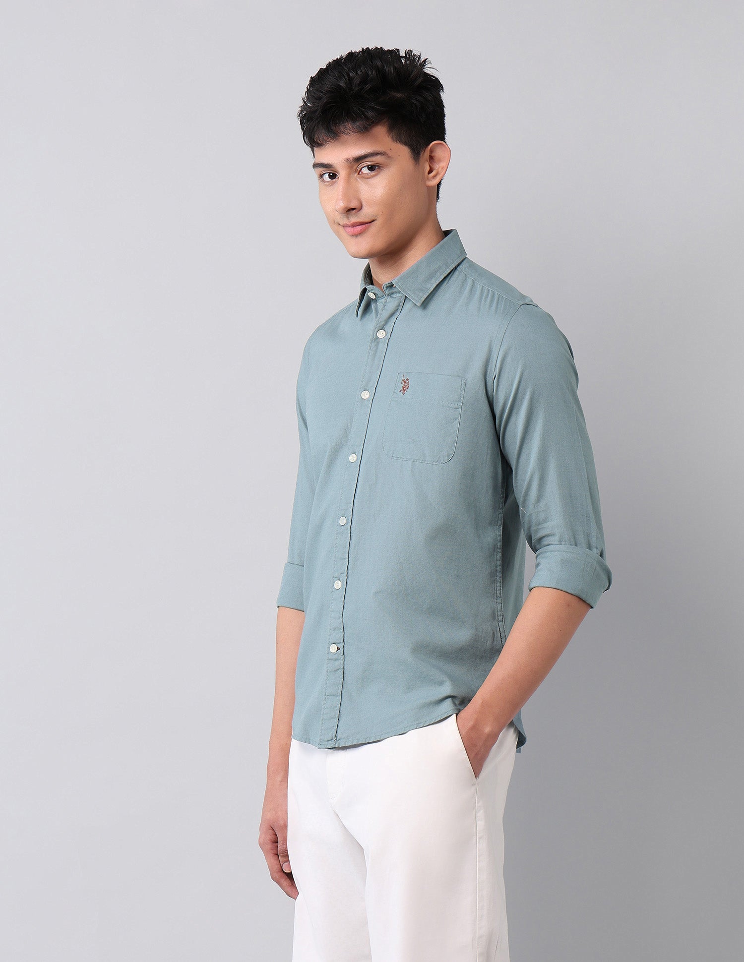 Solid Pure Cotton Shirt Teal - U.S. Polo Assn. India | Large