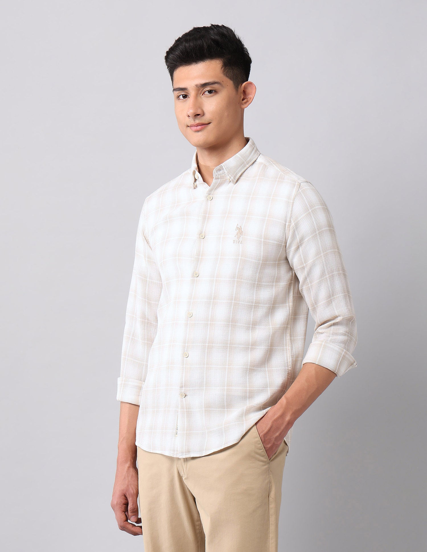 Windowpane Checked Pure Cotton Shirt Ecru - U.S. Polo Assn. India | Large