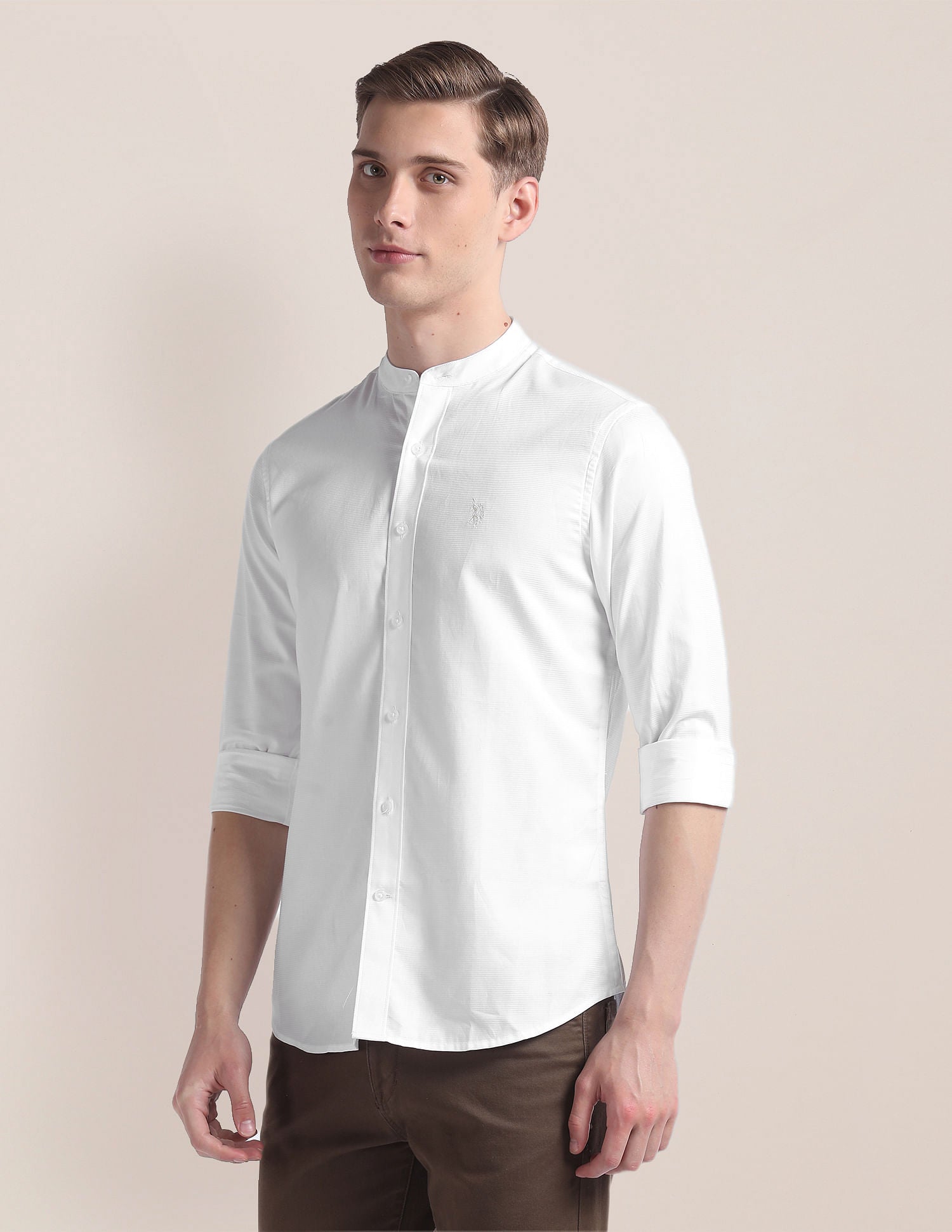 Mandarin Collar Cotton Shirt White - U.S. Polo Assn. India | Large