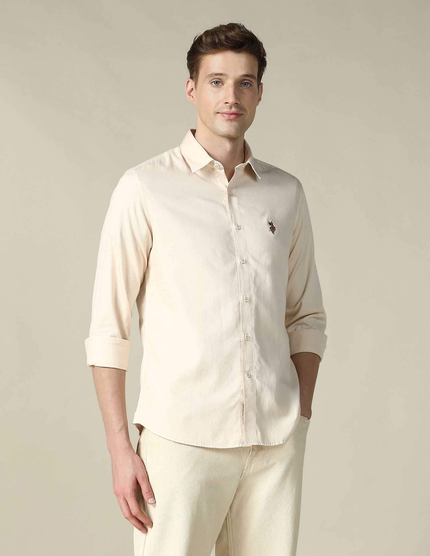 Twill Regular Fit Shirt Cream - U.S. Polo Assn. India | Large