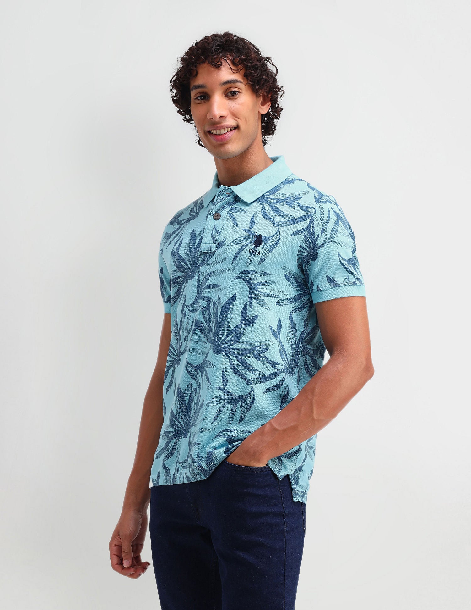 Floral Print Cotton Polo Shirt Blue - U.S. Polo Assn. India | Large