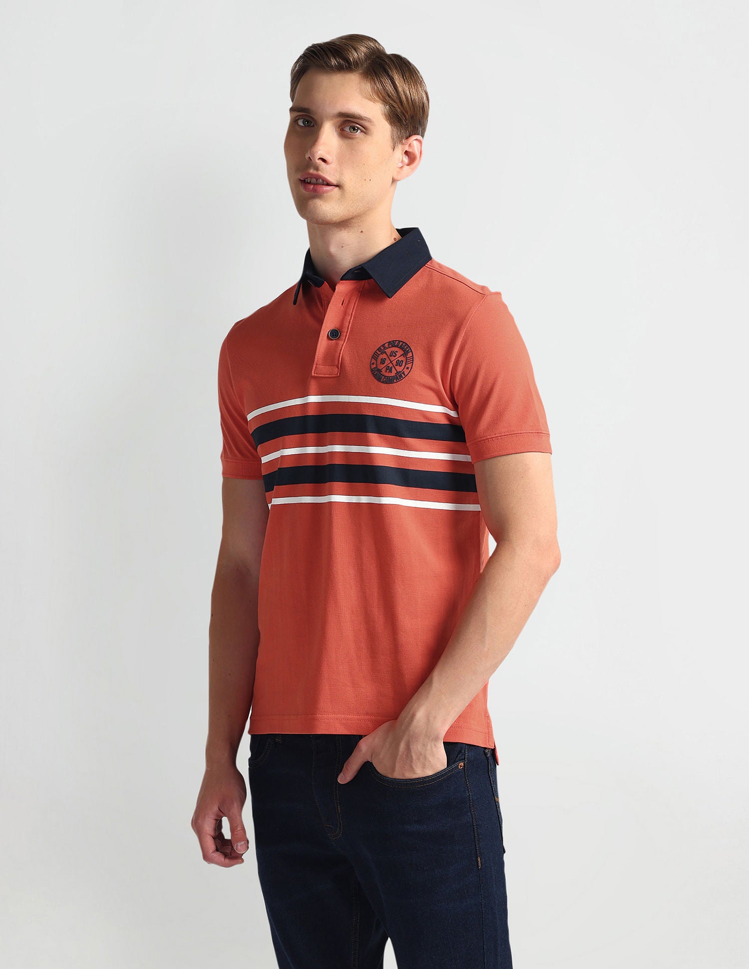 Ribbed Collar Stripe Polo Shirt Coral - U.S. Polo Assn. India | Large