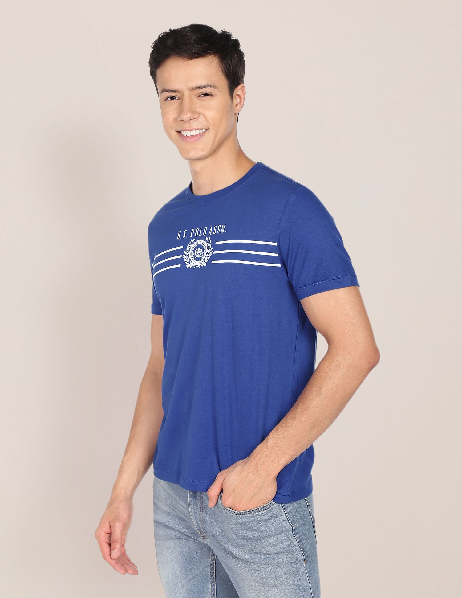 Crew Neck Brand Print Cotton T-Shirt Blue - U.S. Polo Assn. India | Large