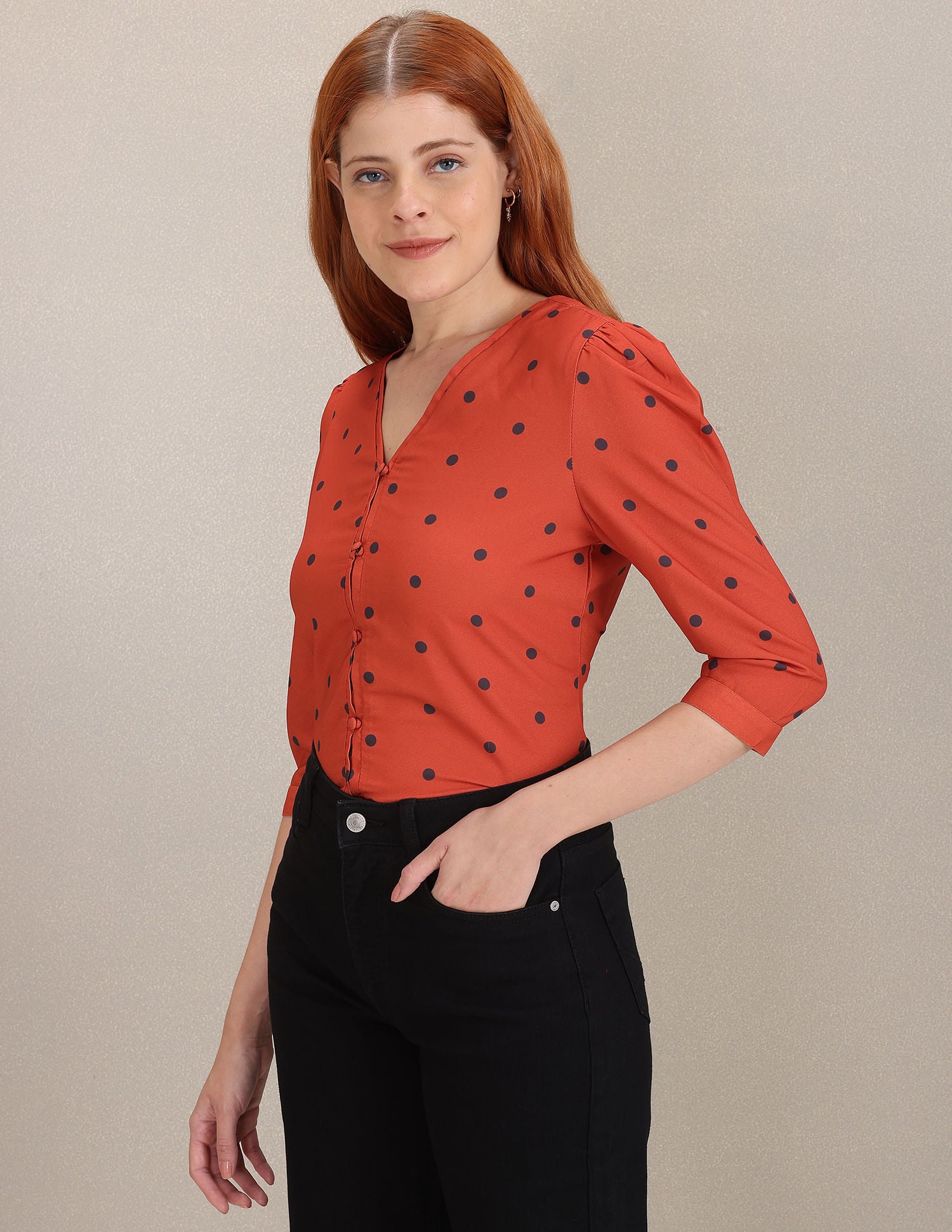 V-Neck Polka Dot Top Rust - U.S. Polo Assn. India | Large