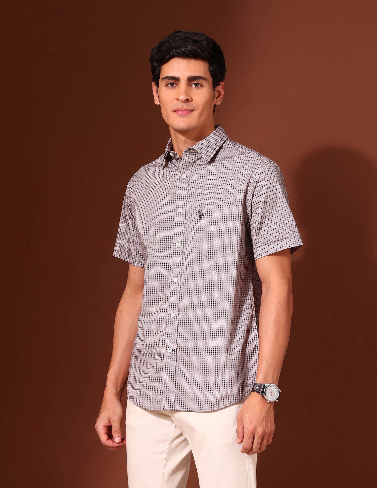 Geometric Printed Tailored Fit Shirt Beige - U.S. POLO ASSN. | Large