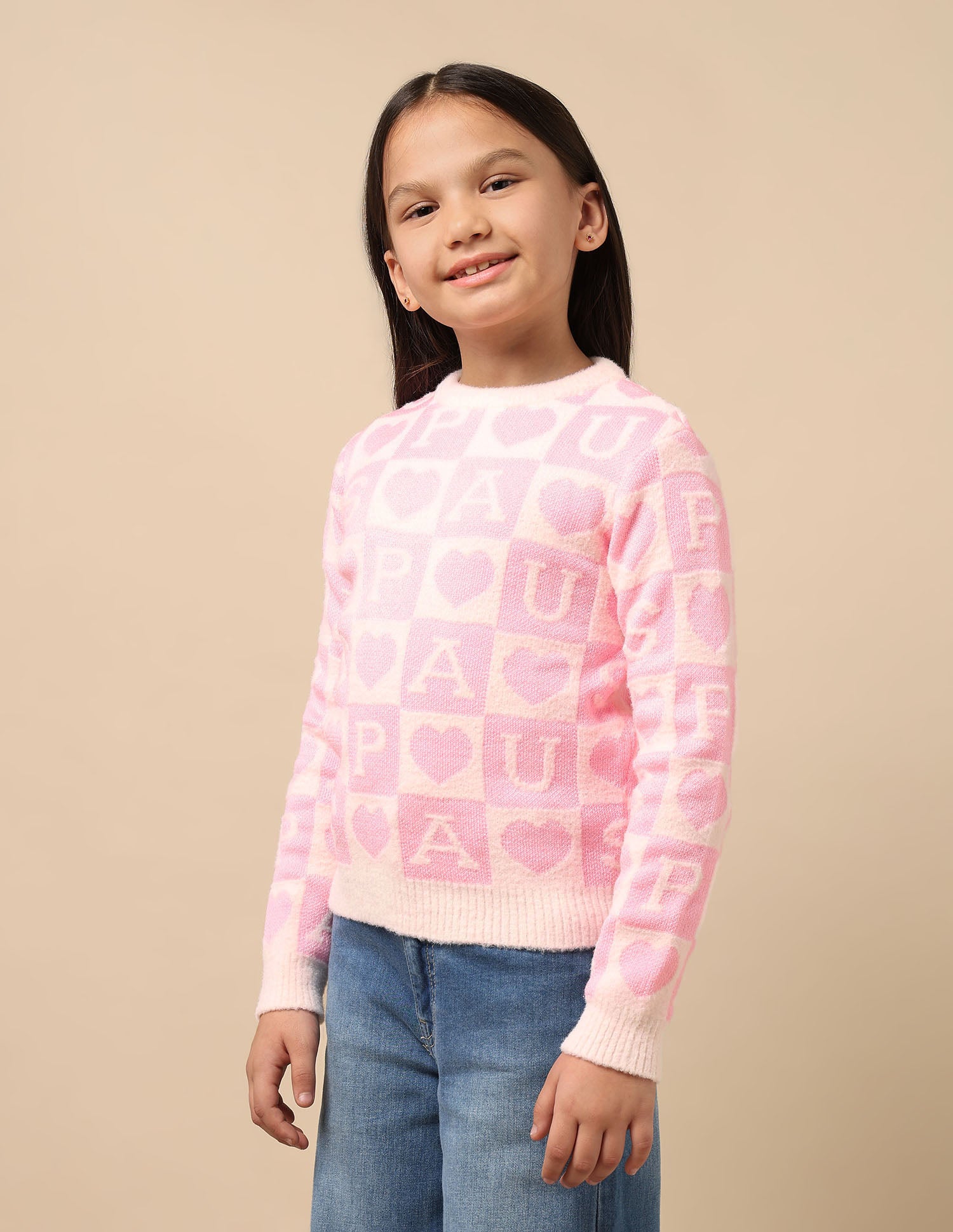 Girls Patterned Knit Sweatshirt Pink and Black - U.S. POLO ASSN. | Large