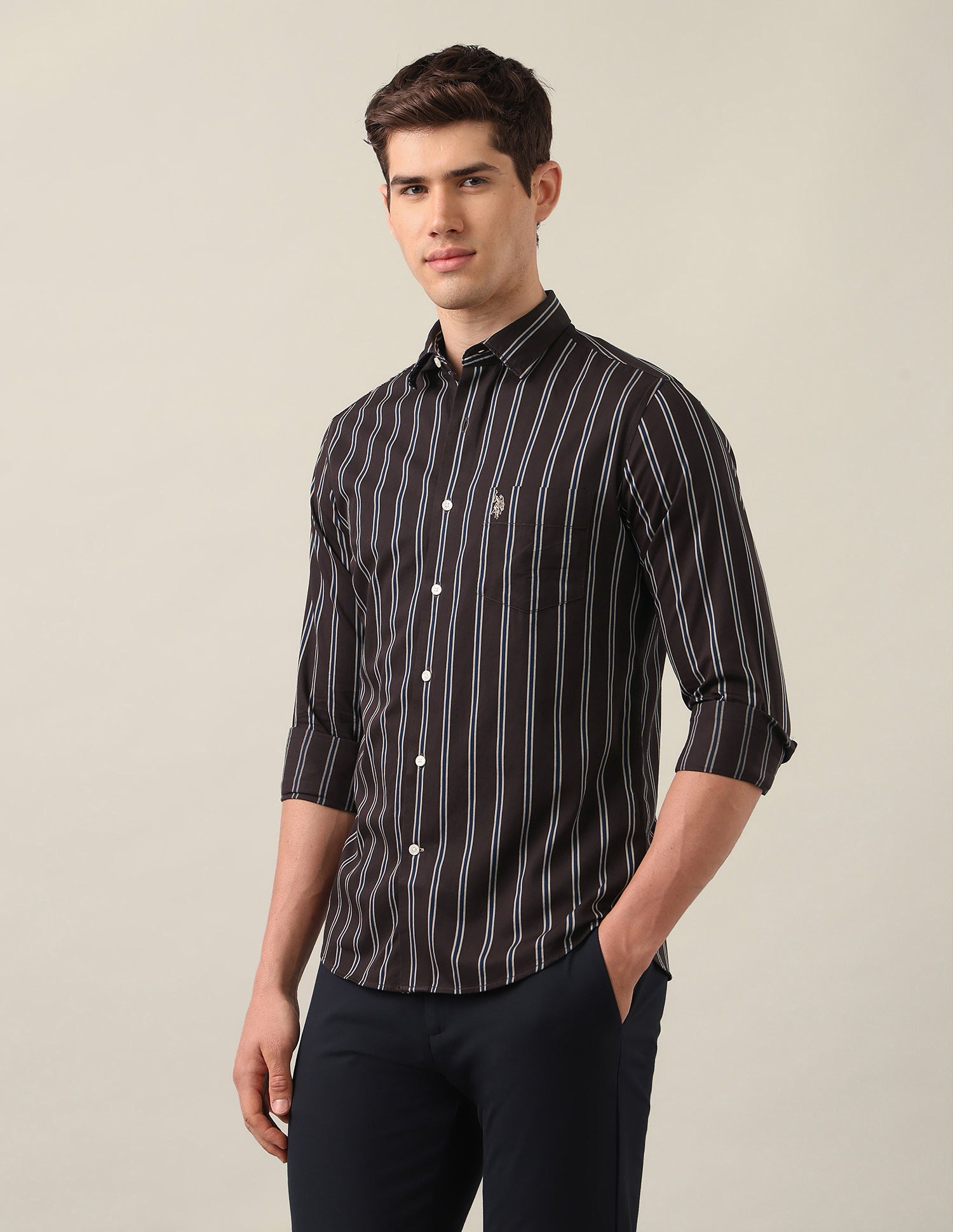 Tailored Fit Vertical Striped Shirt Choco - U.S. Polo Assn. India | Large