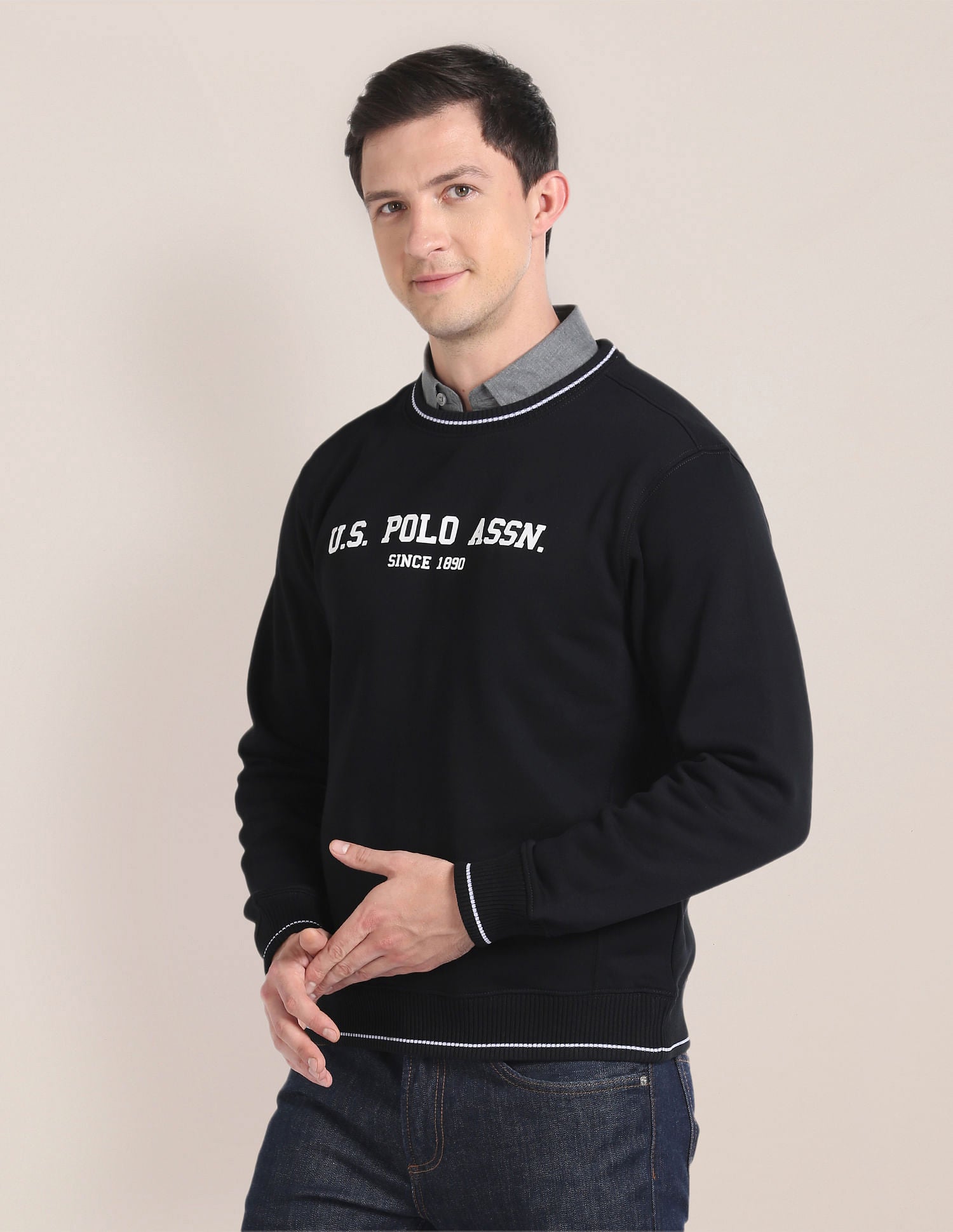 Crew Neck Typographic Print Sweatshirt Black - U.S. POLO ASSN. | Large