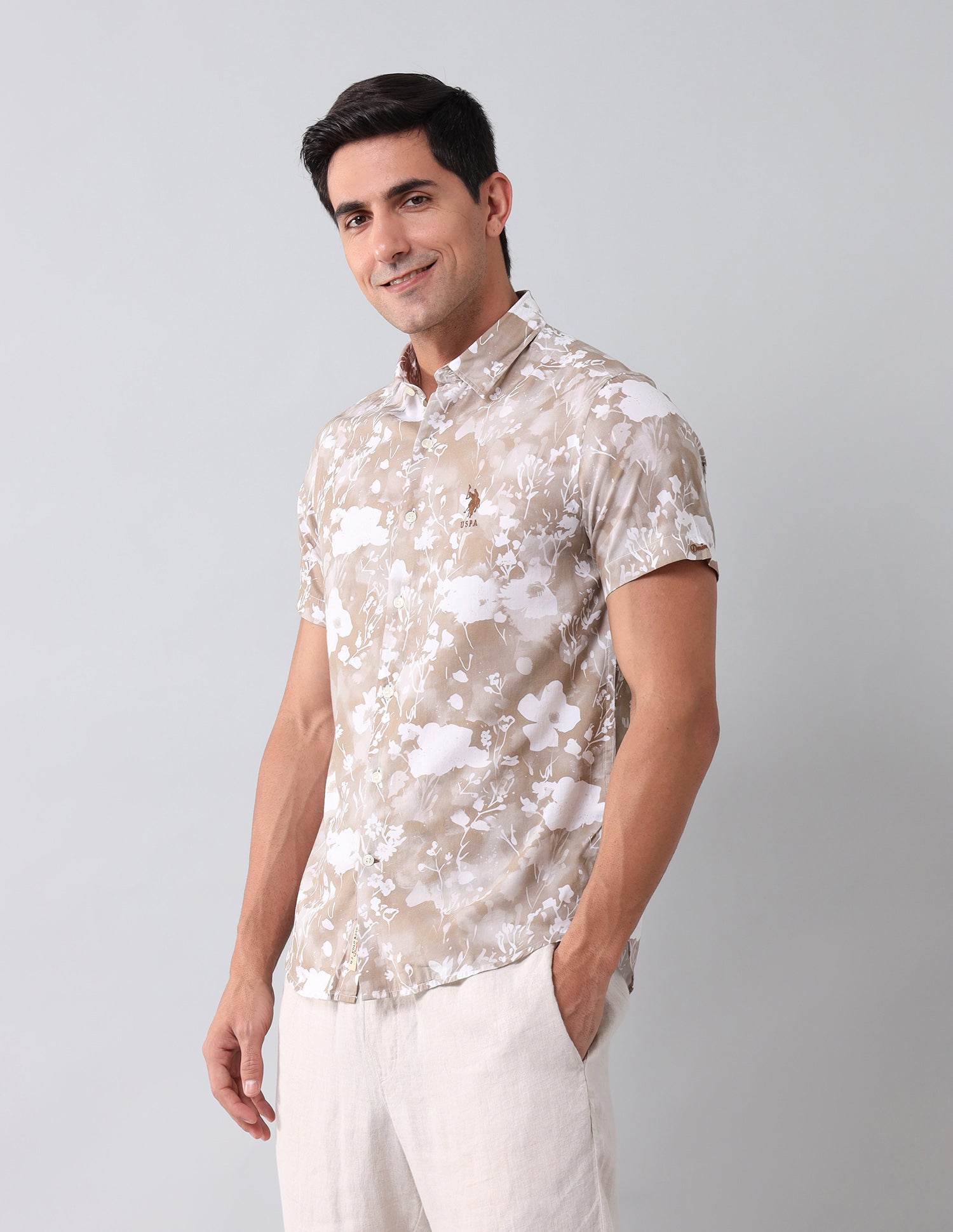 Floral Printed Regular Shirt Light Khaki - U.S. Polo Assn. India | Large