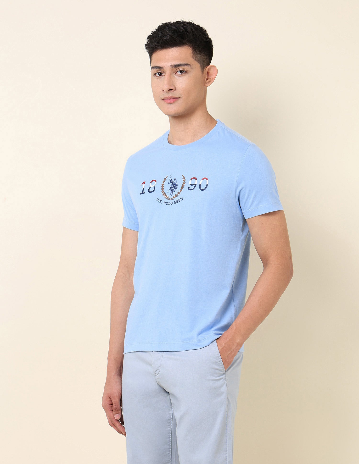 Brand Printed Pure Cotton T-Shirt Light Blue - U.S. POLO ASSN. | Large