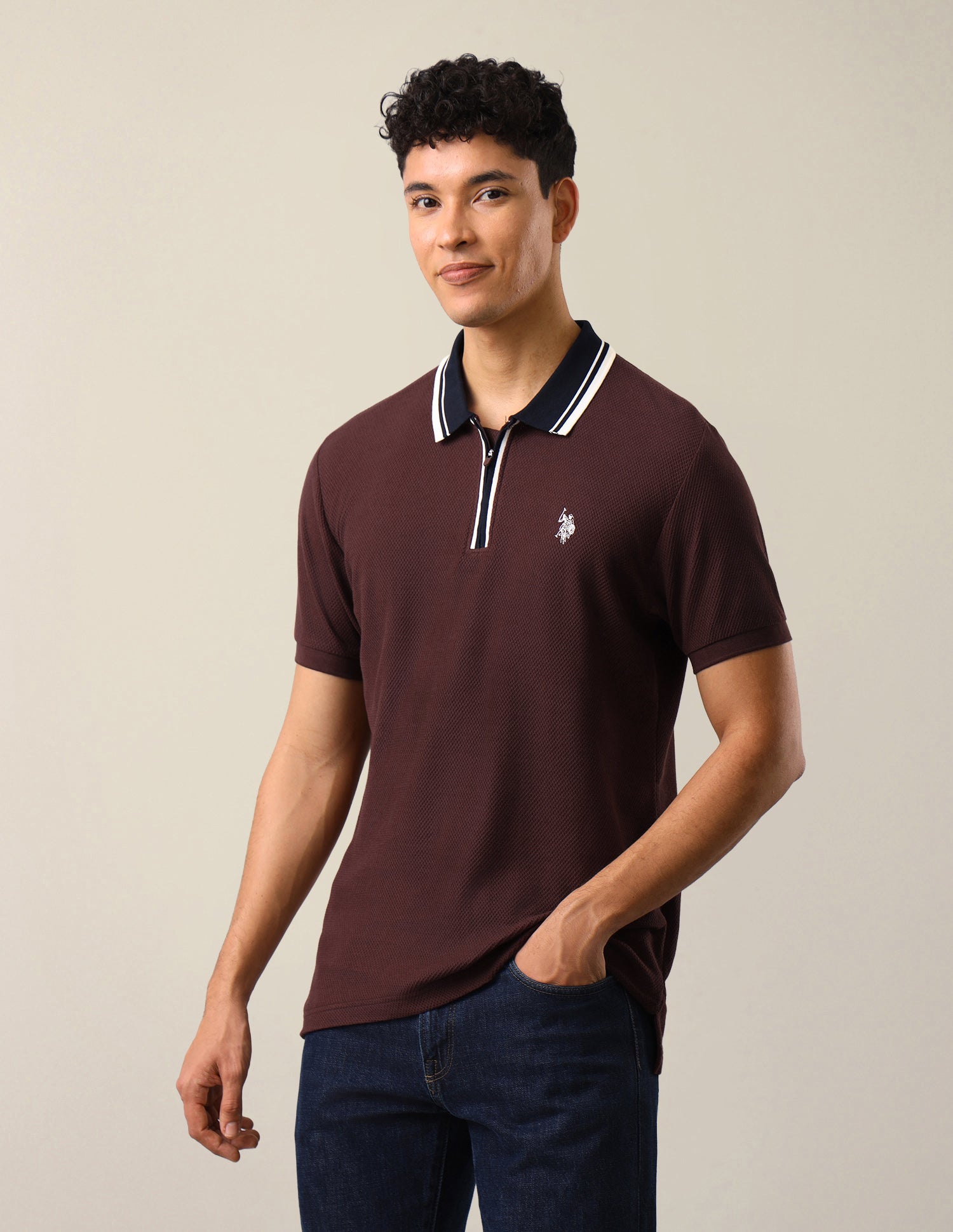 Textured Slim Fit Polo Shirt Maroon - U.S. Polo Assn. India | Large