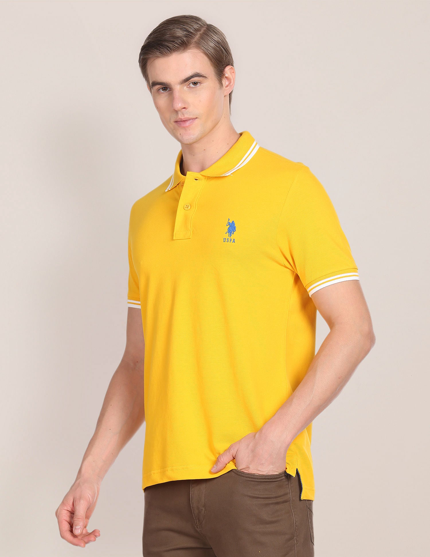 Tipped Collar Cotton Polo Shirt Mustard - U.S. Polo Assn. India | Large