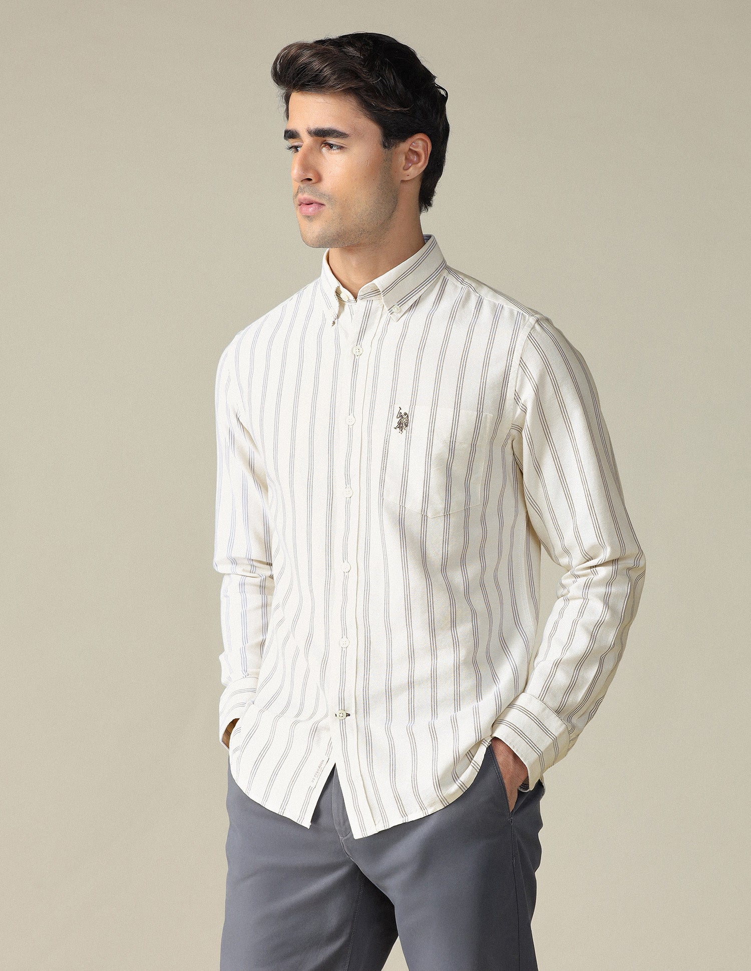Vertical Striped Button Down Shirt Beige - U.S. POLO ASSN. | Large