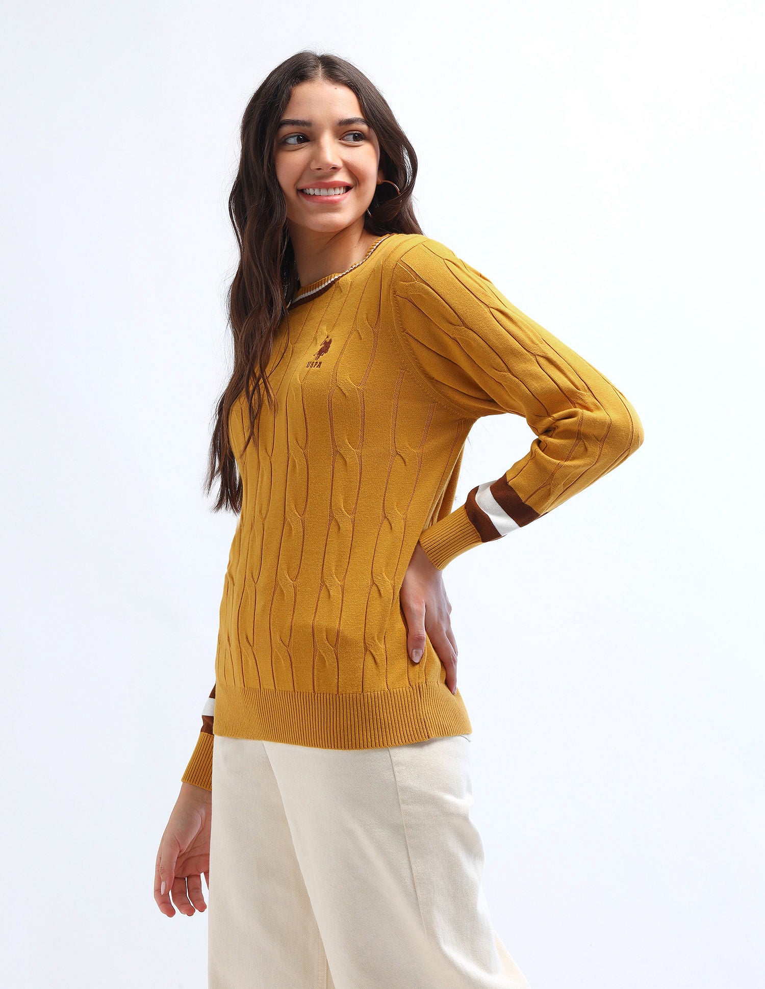 Regular Fit Cable Knit Sweater Tan - U.S. POLO ASSN. | Large