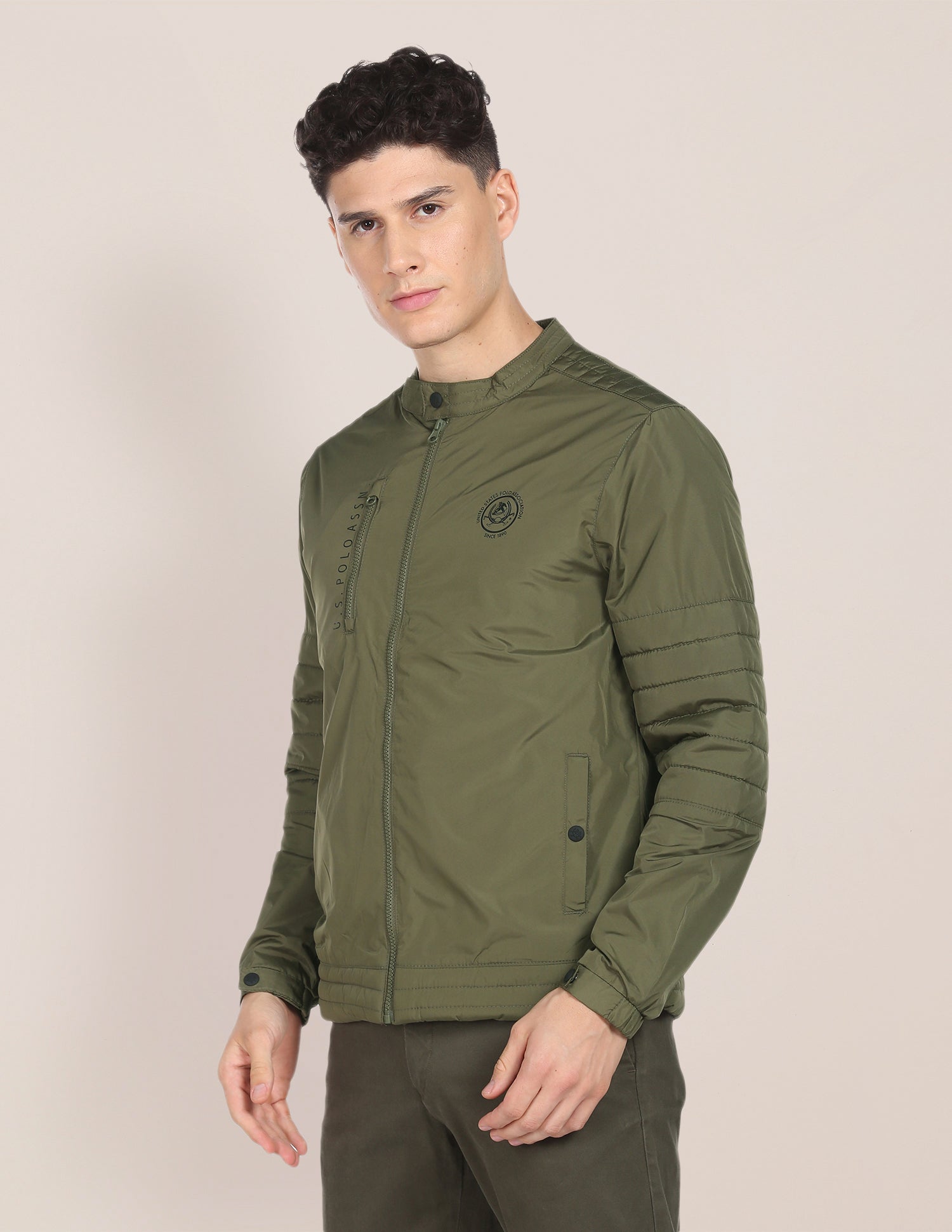 Stand Collar Windcheater Jacket Olive - U.S. Polo Assn. India | Large