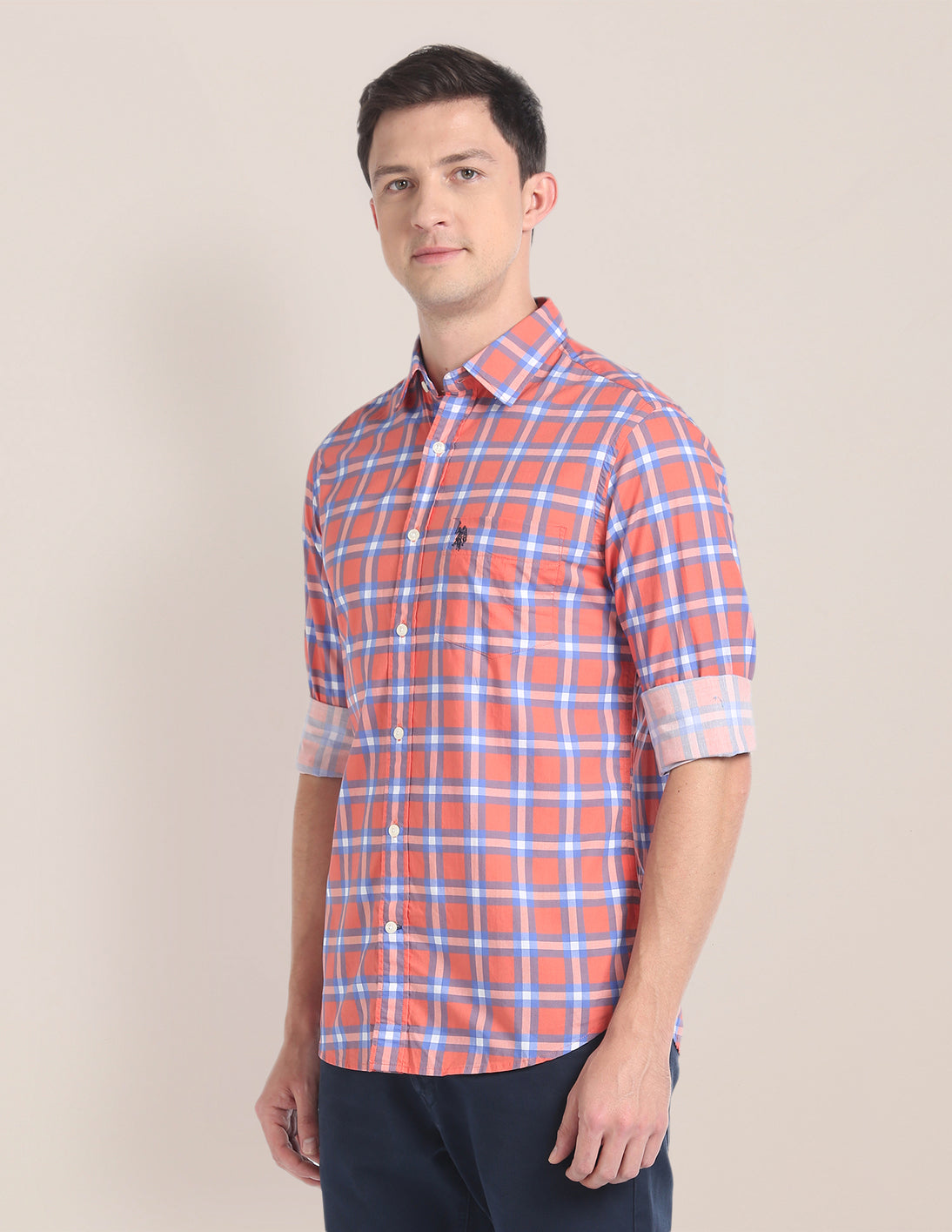 Rounded Cuff Check Casual Shirt Coral - U.S. Polo Assn. India | Large