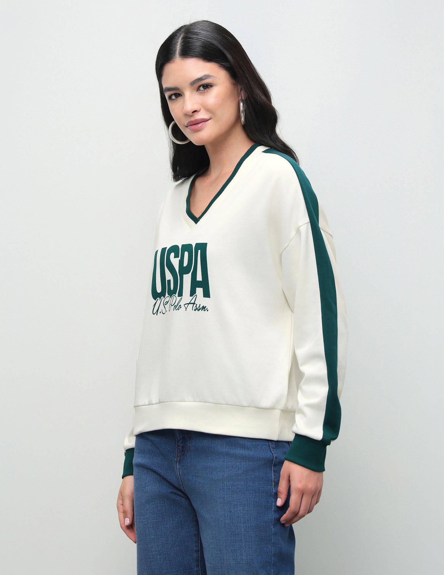 Typographic Brand Printed Boxy Fit Sweatshirt Off White - U.S. Polo Assn. India | Large