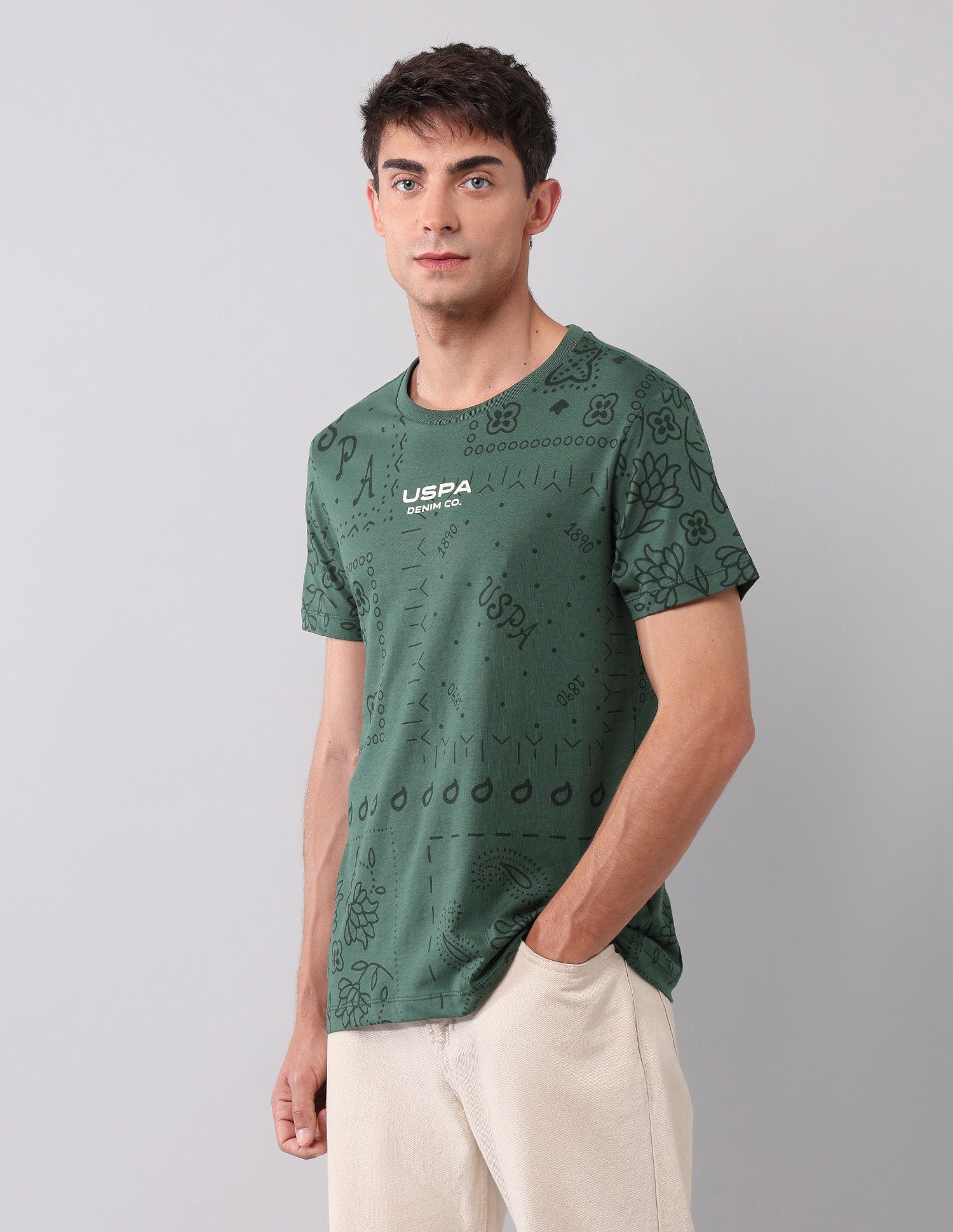 All Over Printed Pure Cotton T-Shirt Olive - U.S. Polo Assn. India | Large