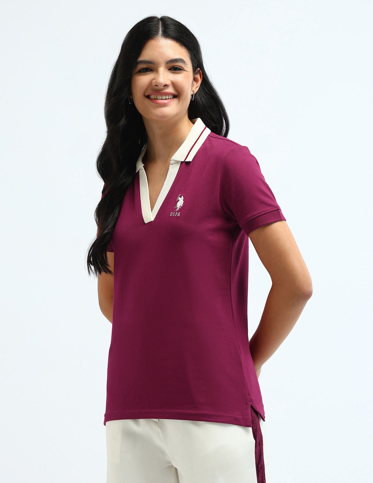 Contrast Polo Collar V Neck  and Placket Wine - U.S. POLO ASSN. | Large