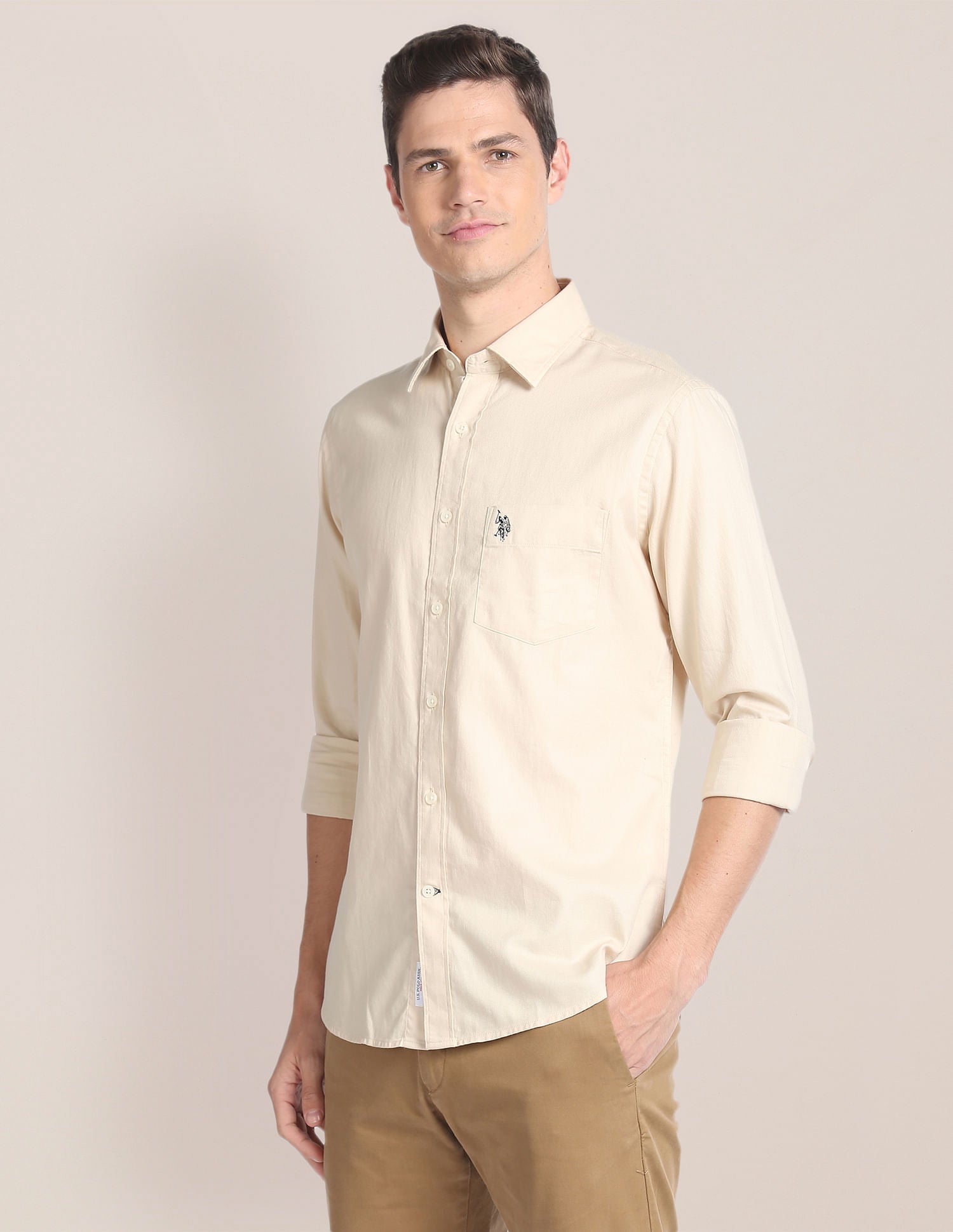 Premium Cotton Solid Shirt Cream - U.S. Polo Assn. India | Large