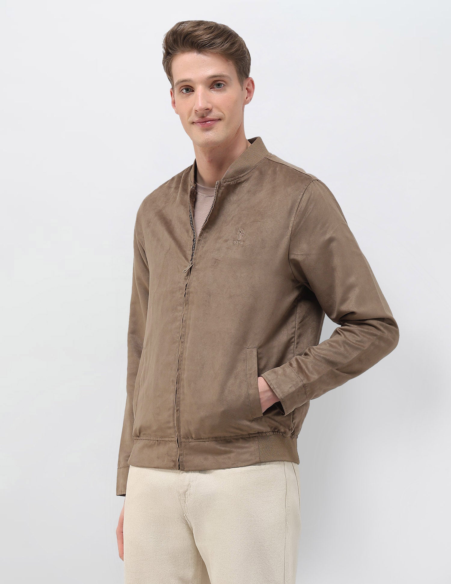 Solid Regular Fit Bomber Jacket Light Brown - U.S. Polo Assn. India | Large