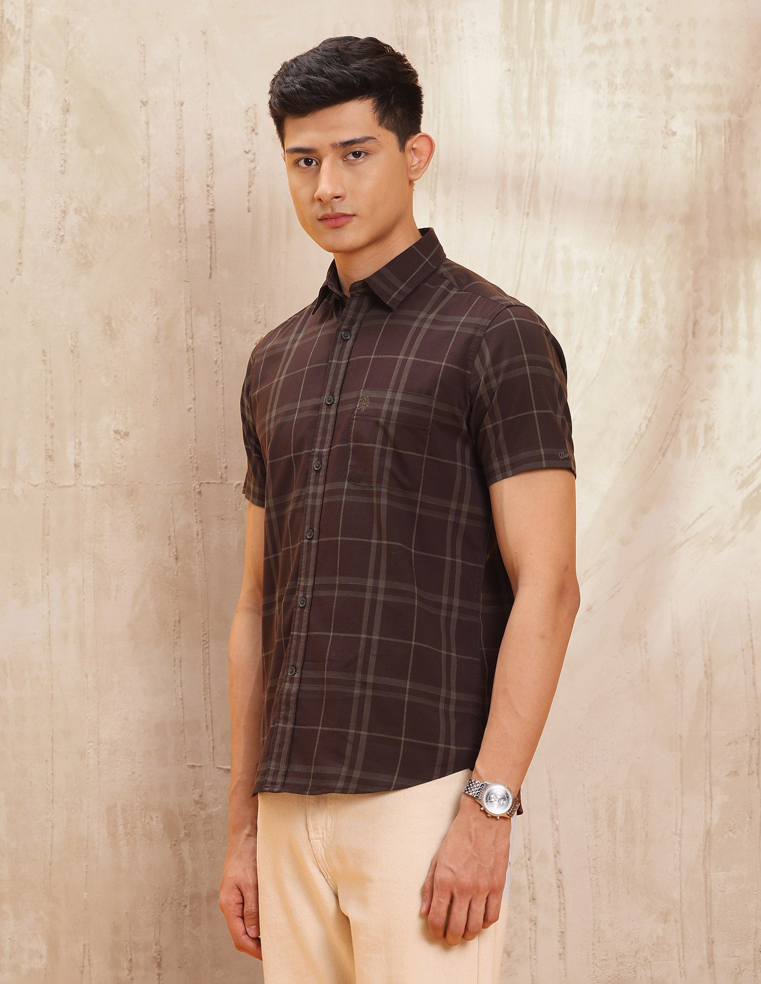 Grid Tattersall Checked Pure Cotton Shirt Wine - U.S. POLO ASSN. | Large