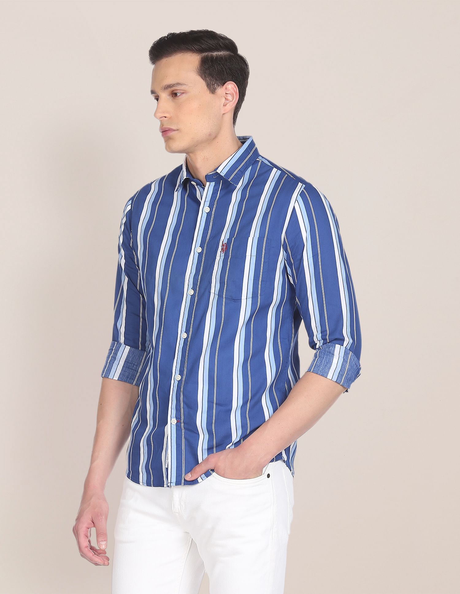 Regular Fit Striped Casual Shirt Blue - U.S. Polo Assn. India | Large