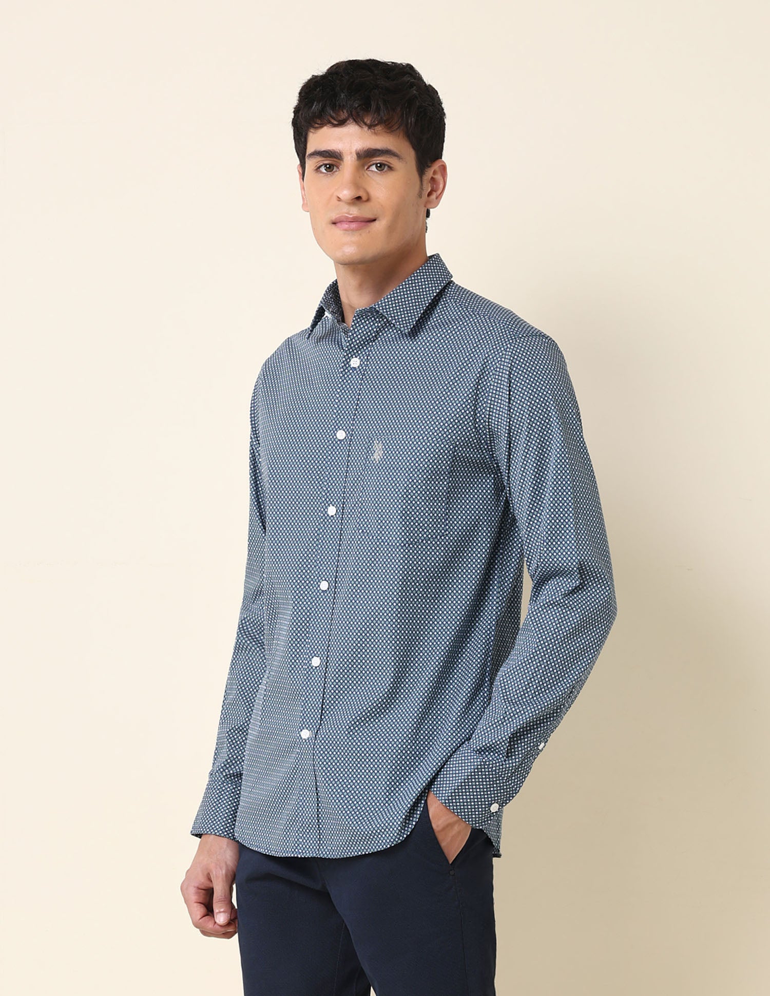 Geometric Printed Tailored Fit Shirt Blue - U.S. Polo Assn. India | Large