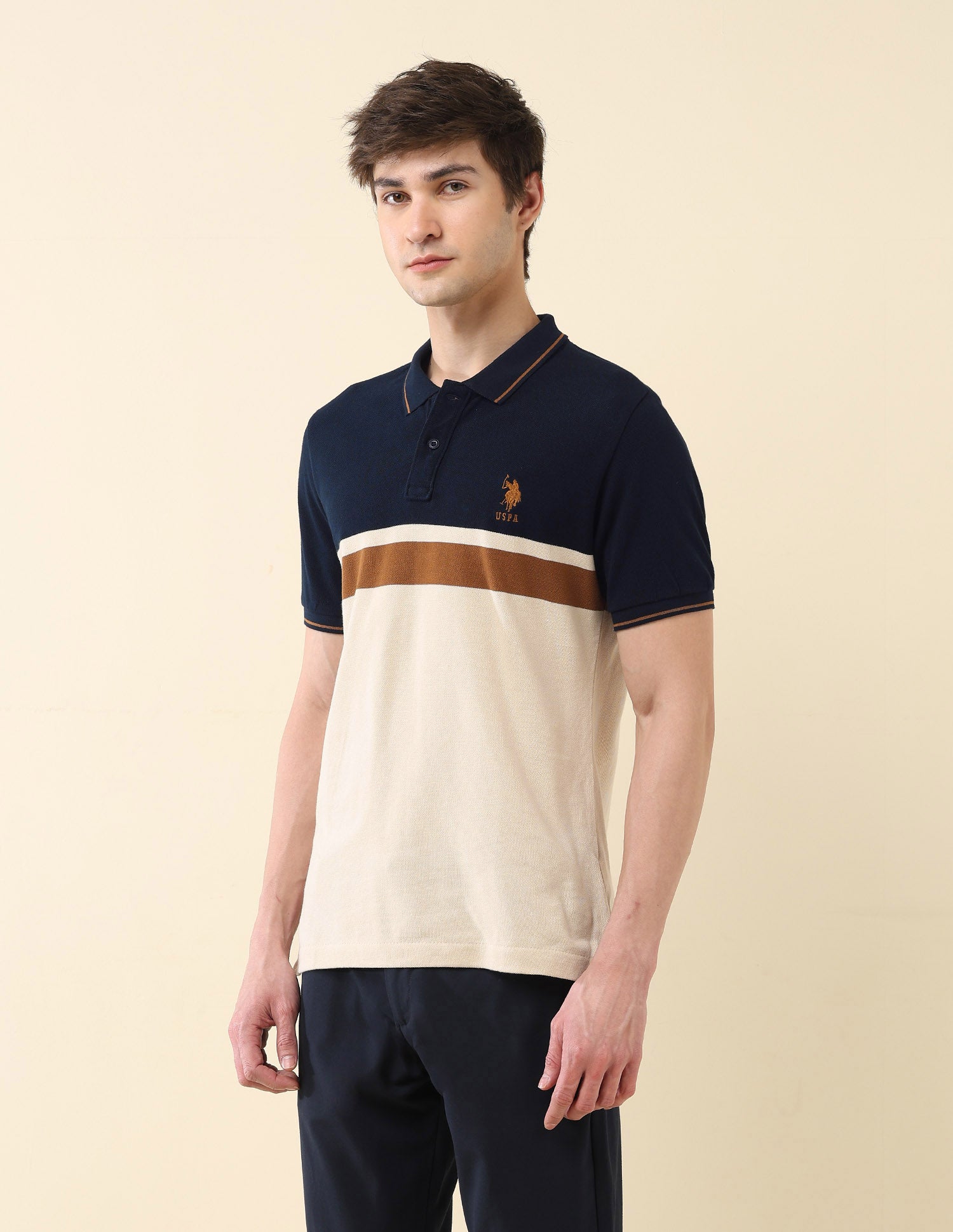 Colourblocked Pure Cotton Gold Cup Polo Shirt Navy - U.S. Polo Assn. India | Large