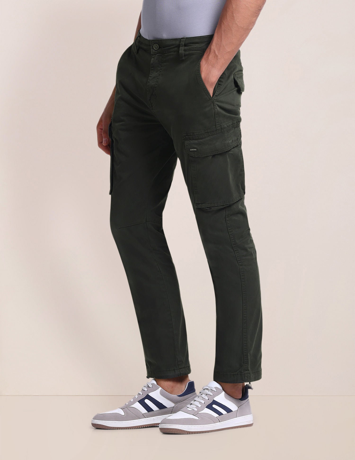 Slim Straight Fit Solid Cargo Pants Olive - U.S. Polo Assn. India | Large