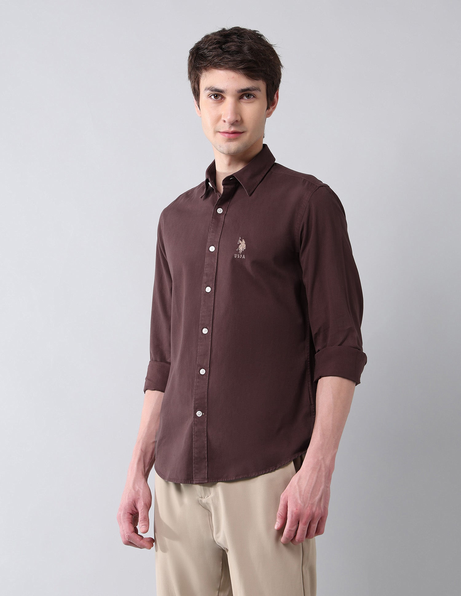 Solid Slim Fit Twill Shirt Maroon - U.S. POLO ASSN. | Large