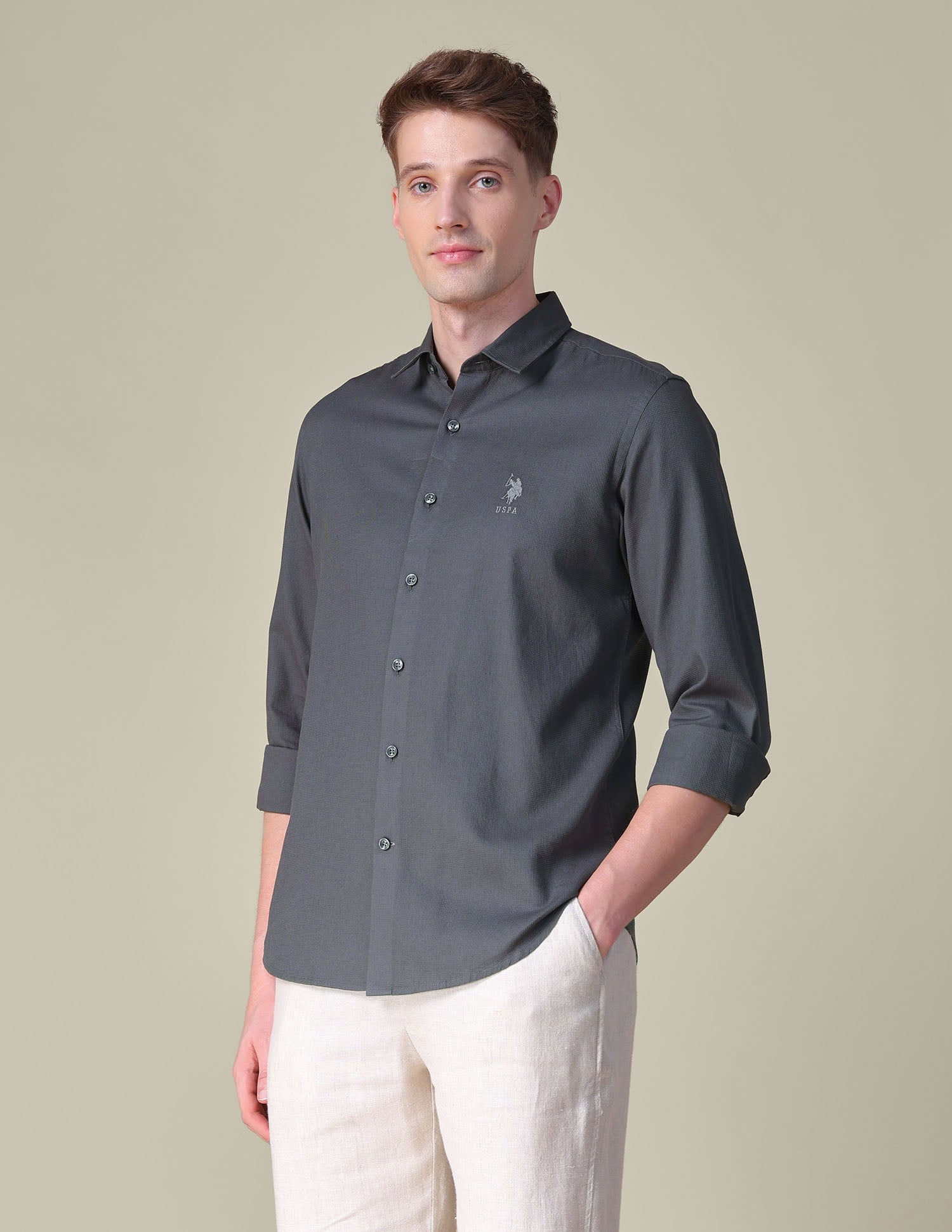 Dobby Regular Fit Shirt Mid Grey - U.S. POLO ASSN. | Large