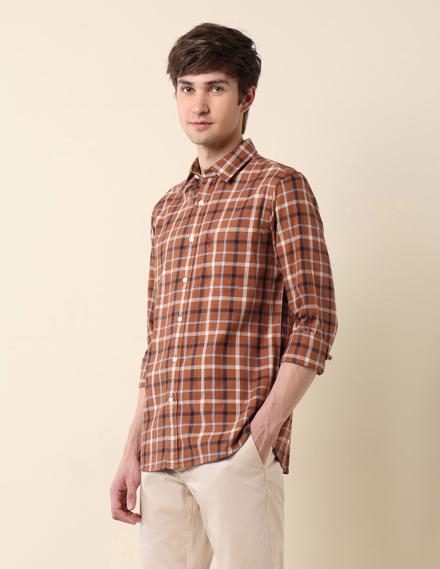 Grid Tattersall Checked Pure Cotton Shirt Rust - U.S. Polo Assn. India | Large