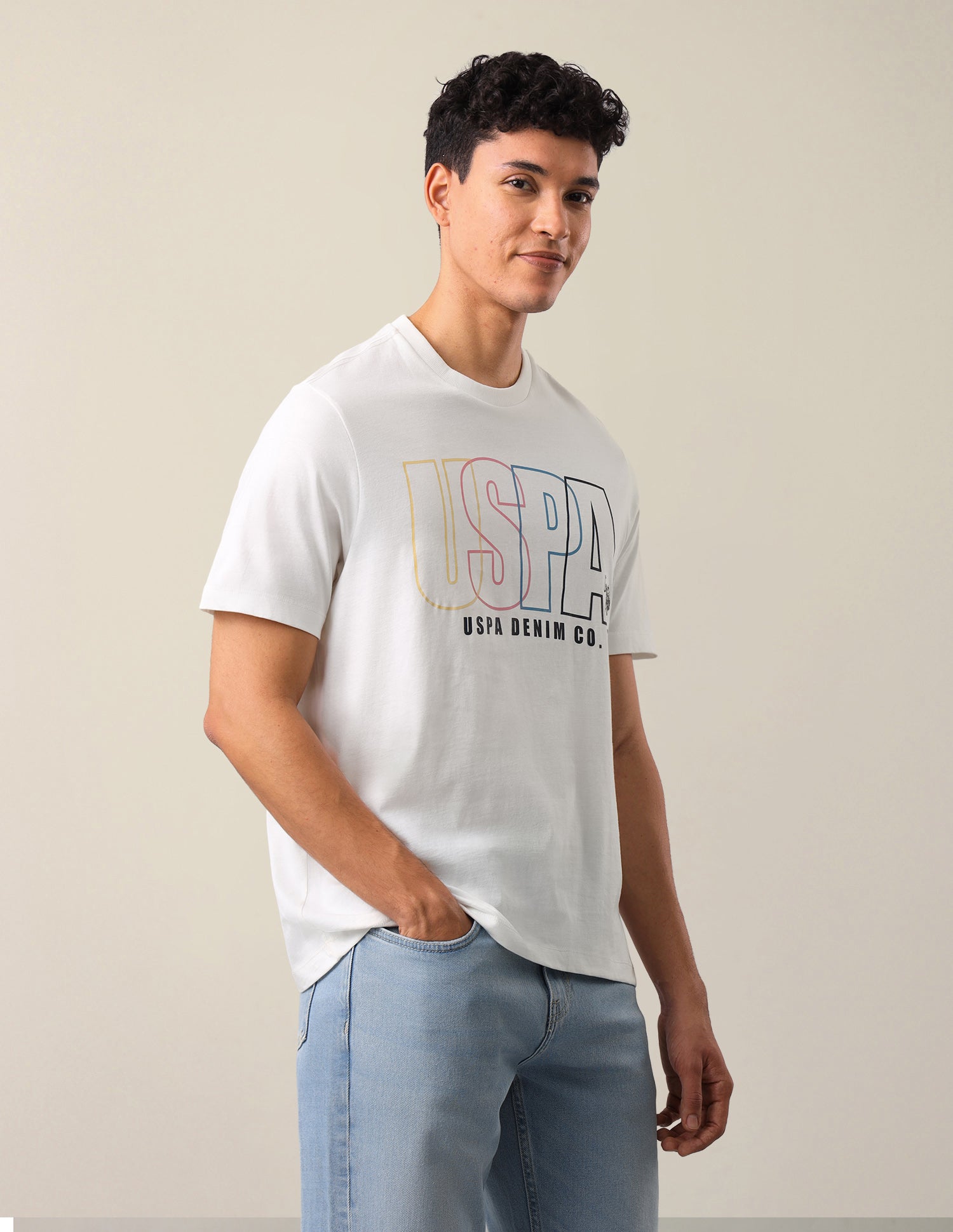 Brand Typographic Printed Relaxed Fit T-Shirt Ivory - U.S. Polo Assn. India | Large