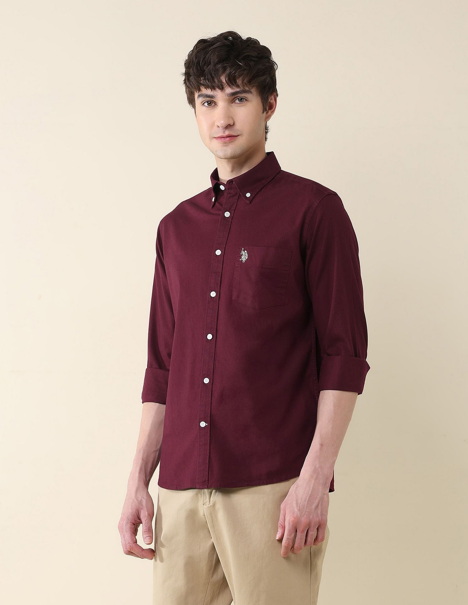 Solid Oxford Stretch Button Down Shirt Maroon - U.S. Polo Assn. India | Large