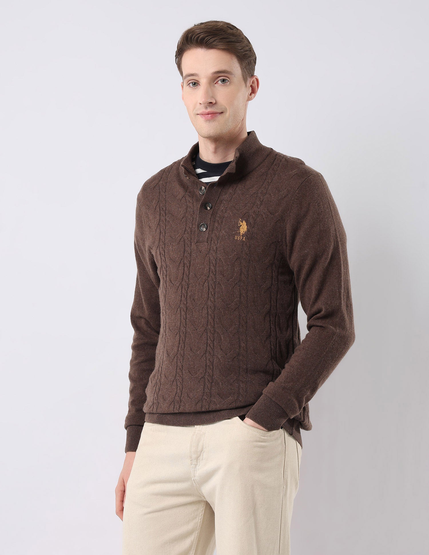 Cable Patterned Knit Regular Fit Sweater Brown - U.S. POLO ASSN. | Large