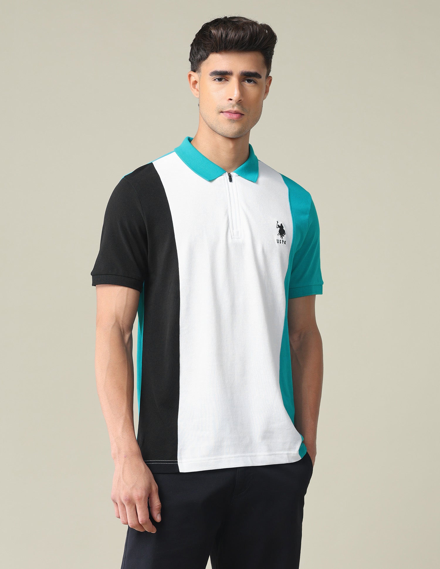 Colour Block Cotton Polo Shirt Green and White - U.S. POLO ASSN. | Large