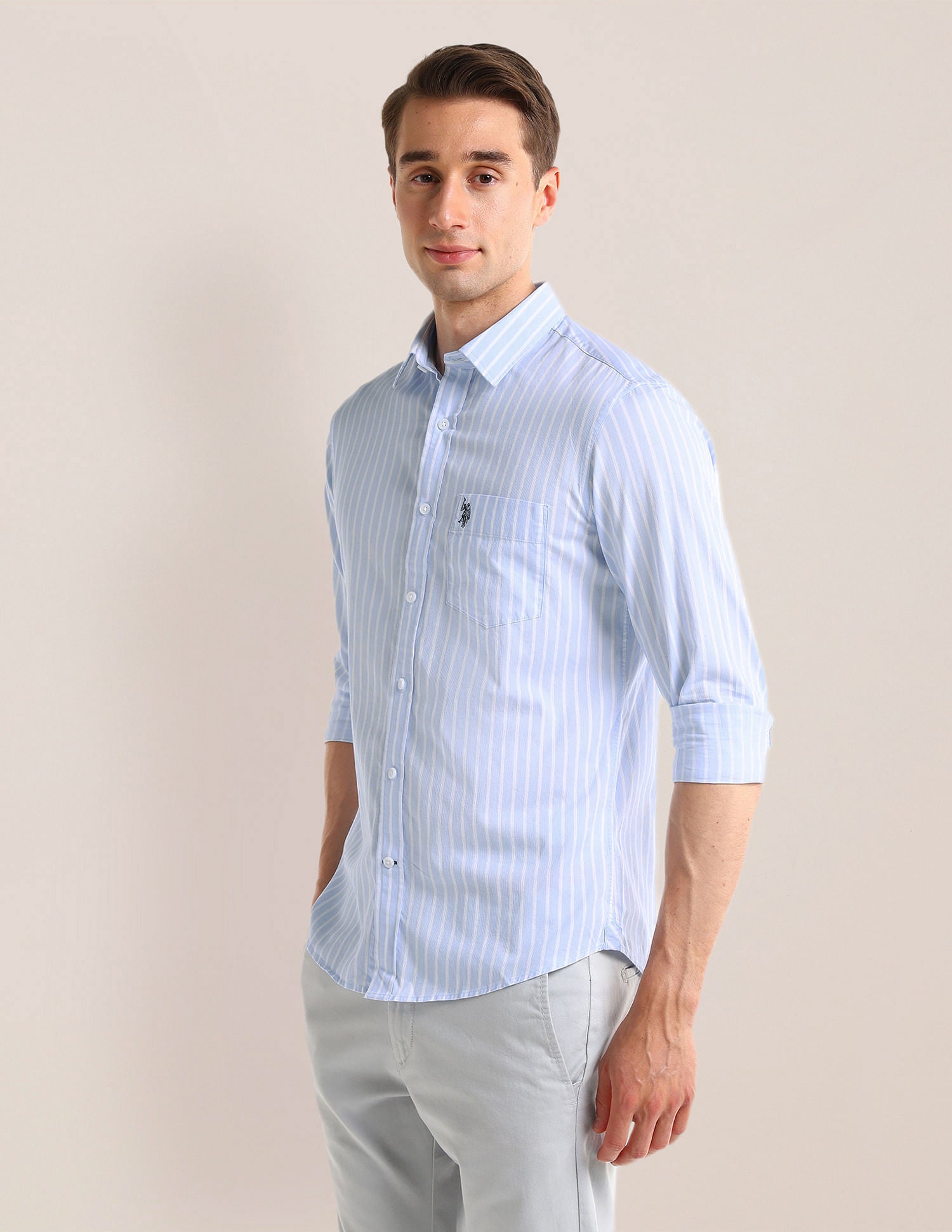 Tailored Fit Vertical Striped Shirt Light-Blue - U.S. Polo Assn. India | Large
