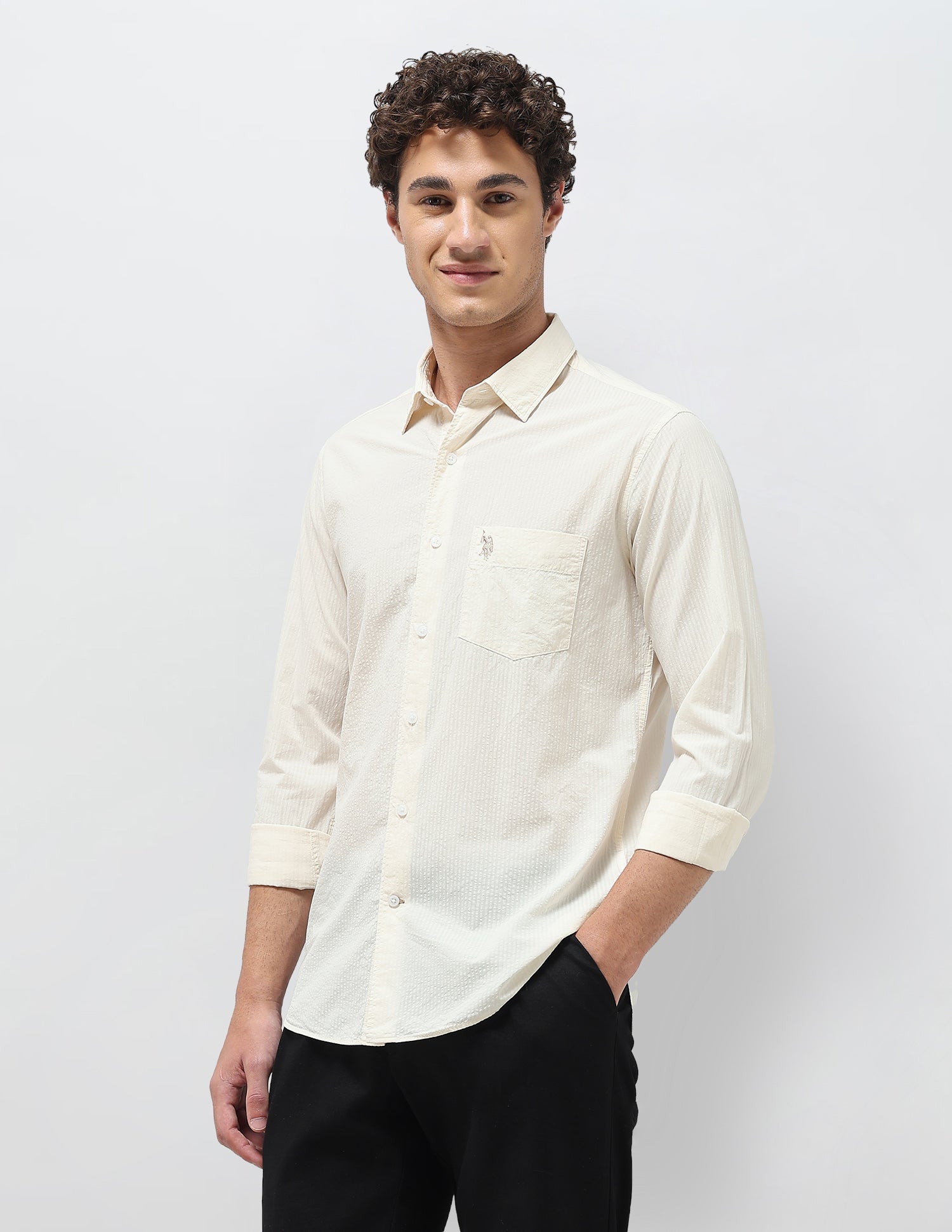 Regular Fit Seersucker Shirt Ivory - U.S. Polo Assn. India | Large