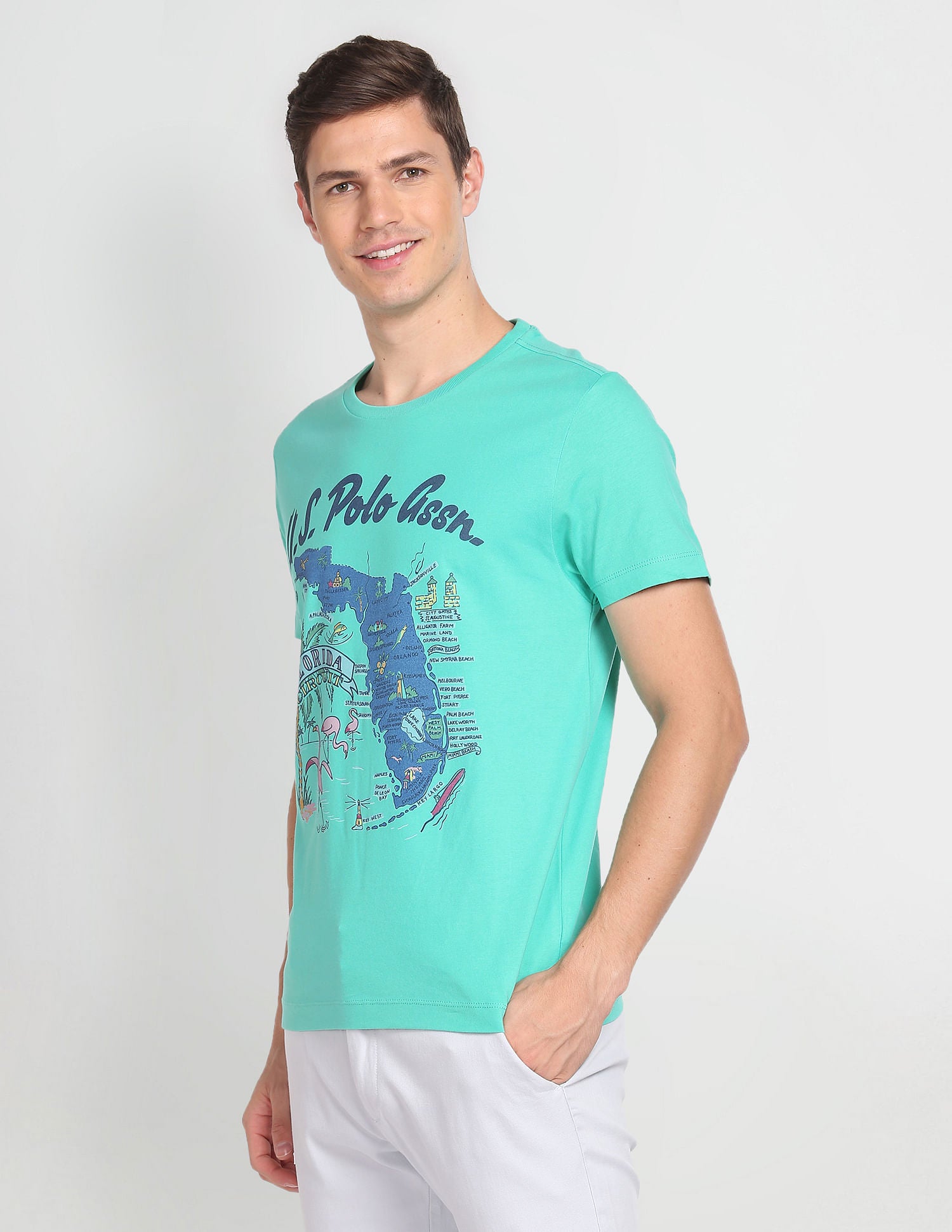 Crew Neck Graphic Print T-Shirt Turquoise - U.S. Polo Assn. India | Large