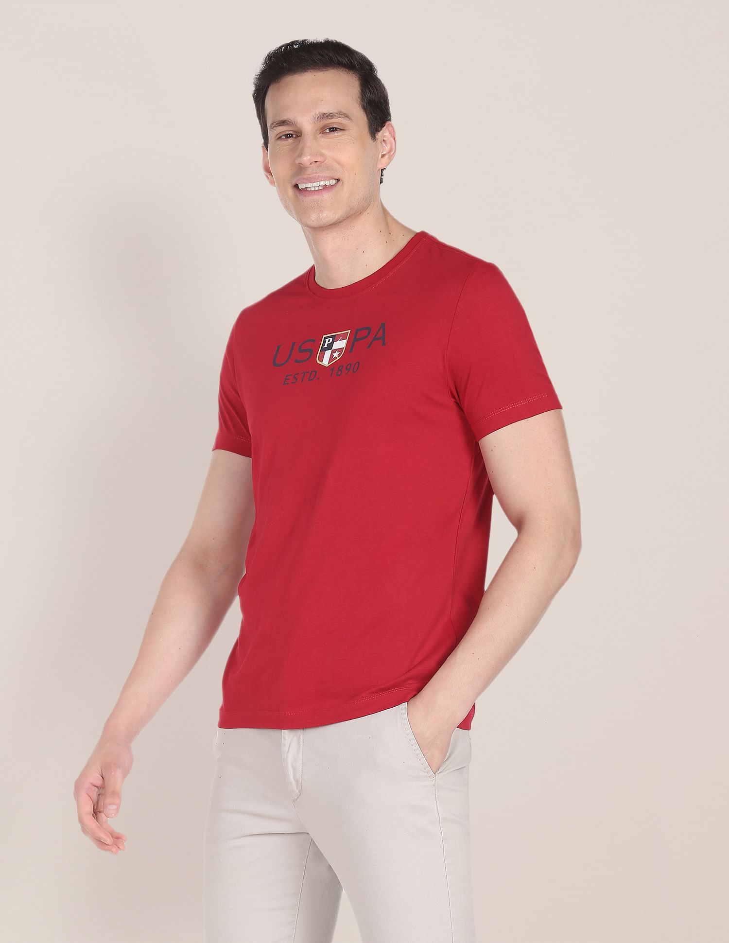 Crew Neck Brand Print Cotton T-Shirt Red - U.S. POLO ASSN. | Large