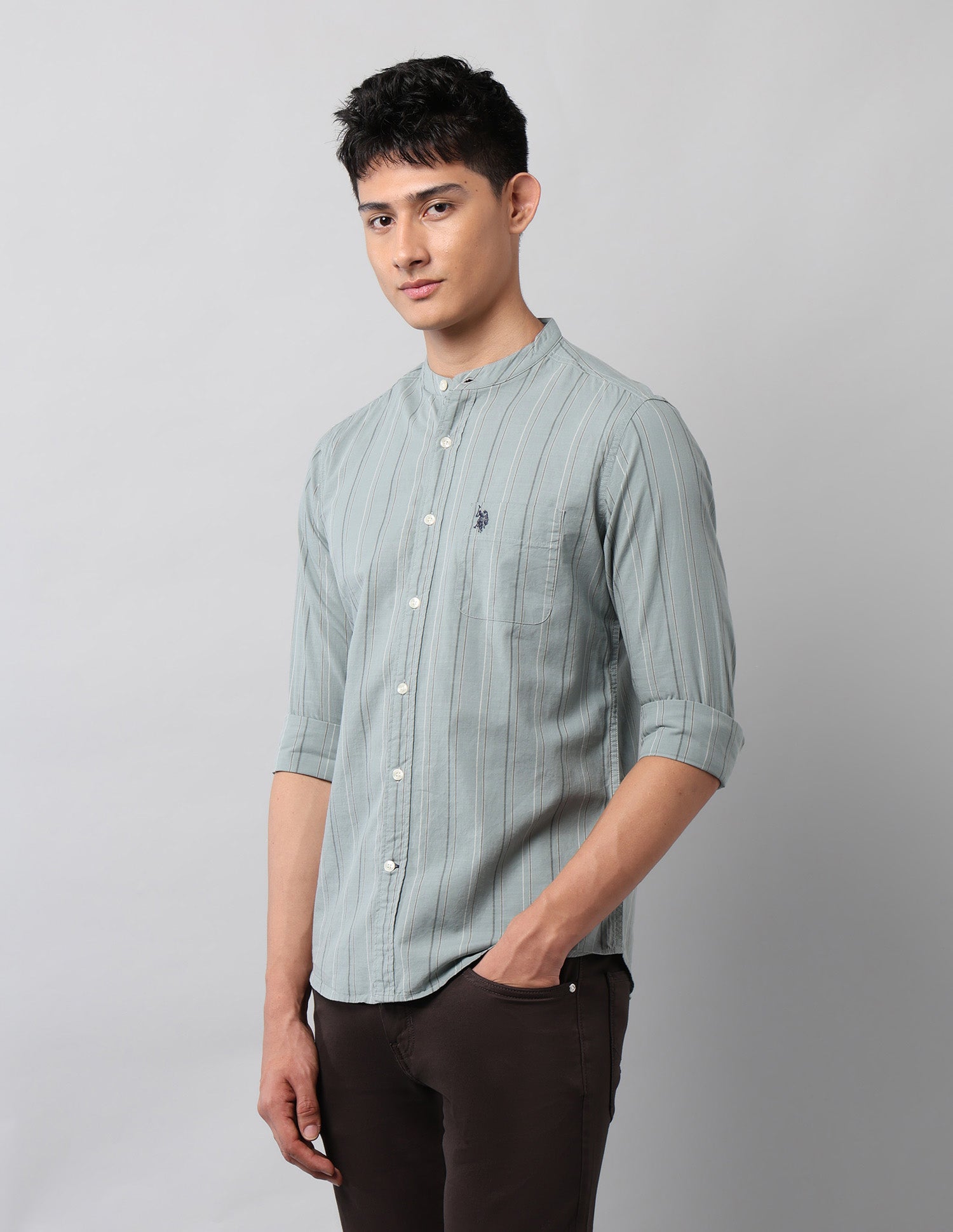 Pure Cotton Vertical Striped Mandarin Shirt Green - U.S. Polo Assn. India | Large