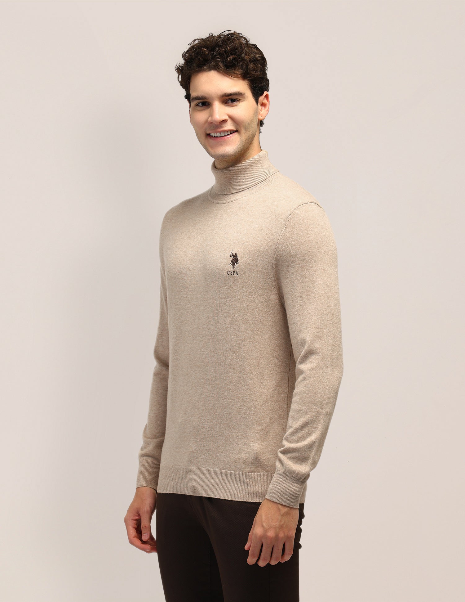 Solid Regular Fit Sweater Beige - U.S. Polo Assn. India | Large