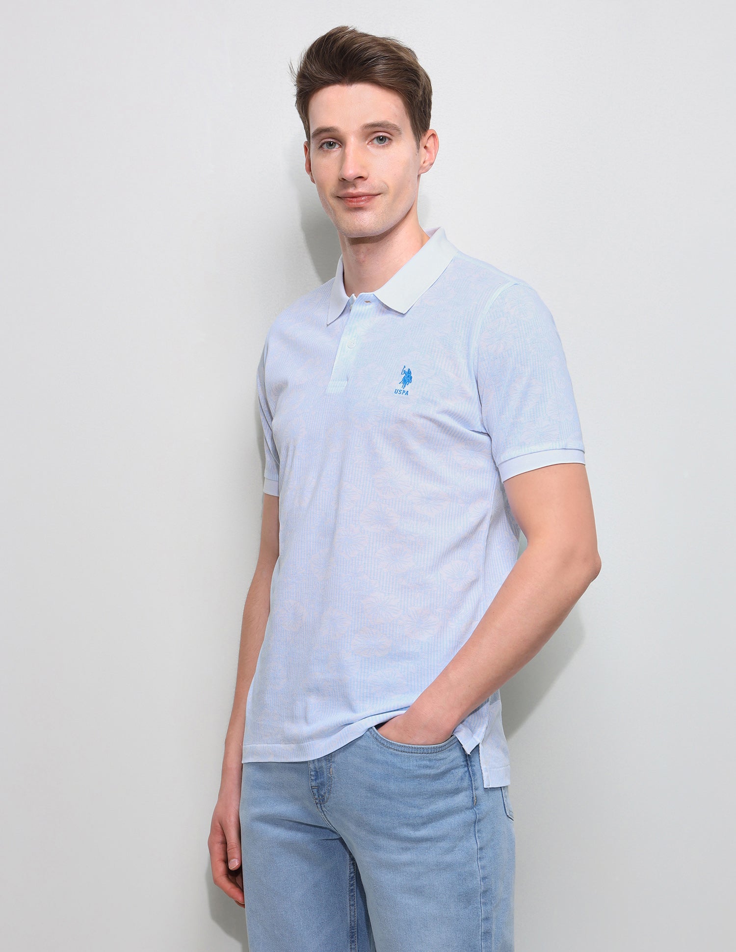 Floral Vertical Striped Slim Fit Polo Shirt Light Blue - U.S. Polo Assn. India | Large