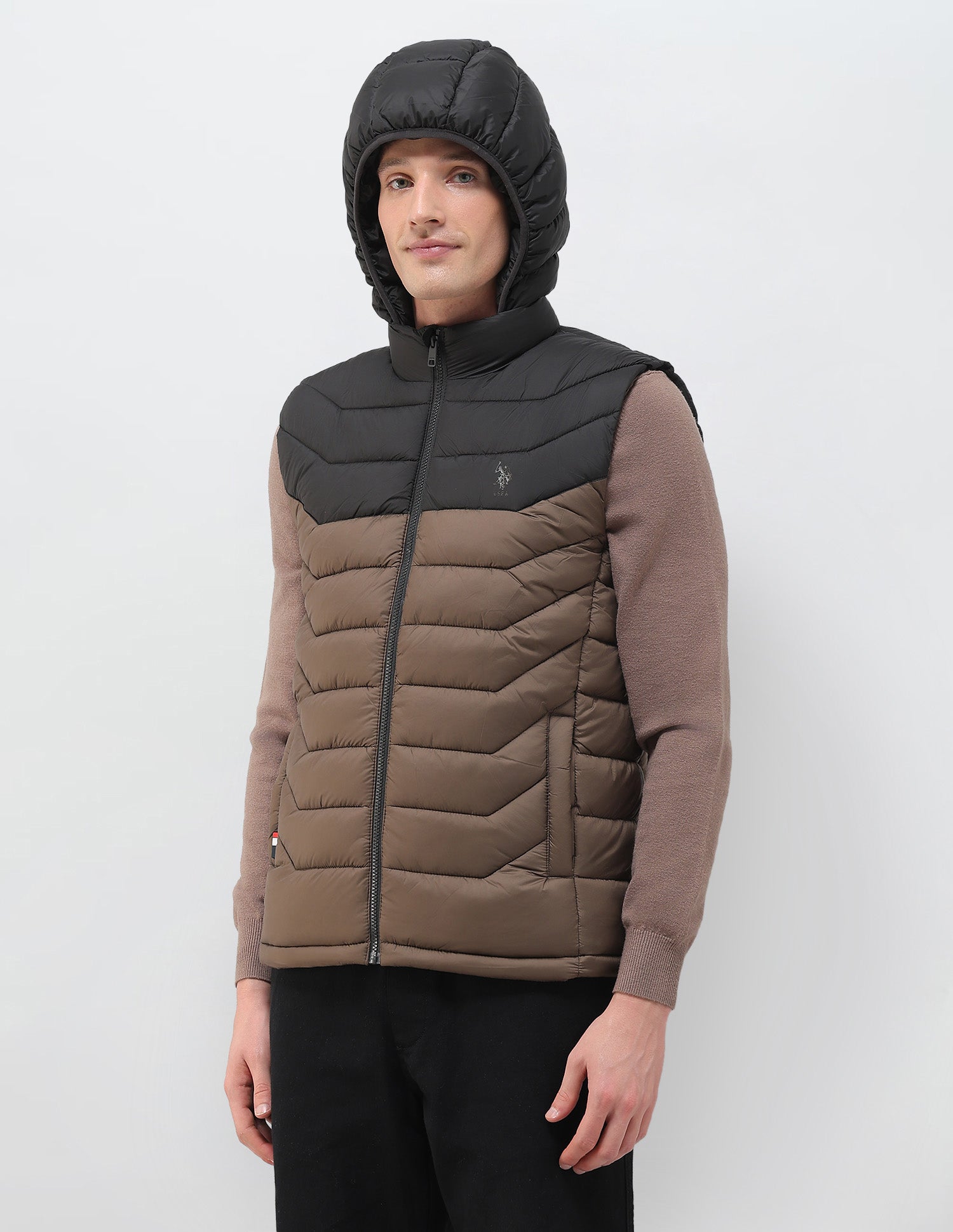 Colour Blocked Removable Hood Puffer Jacket Dark Brown - U.S. POLO ASSN. | Large