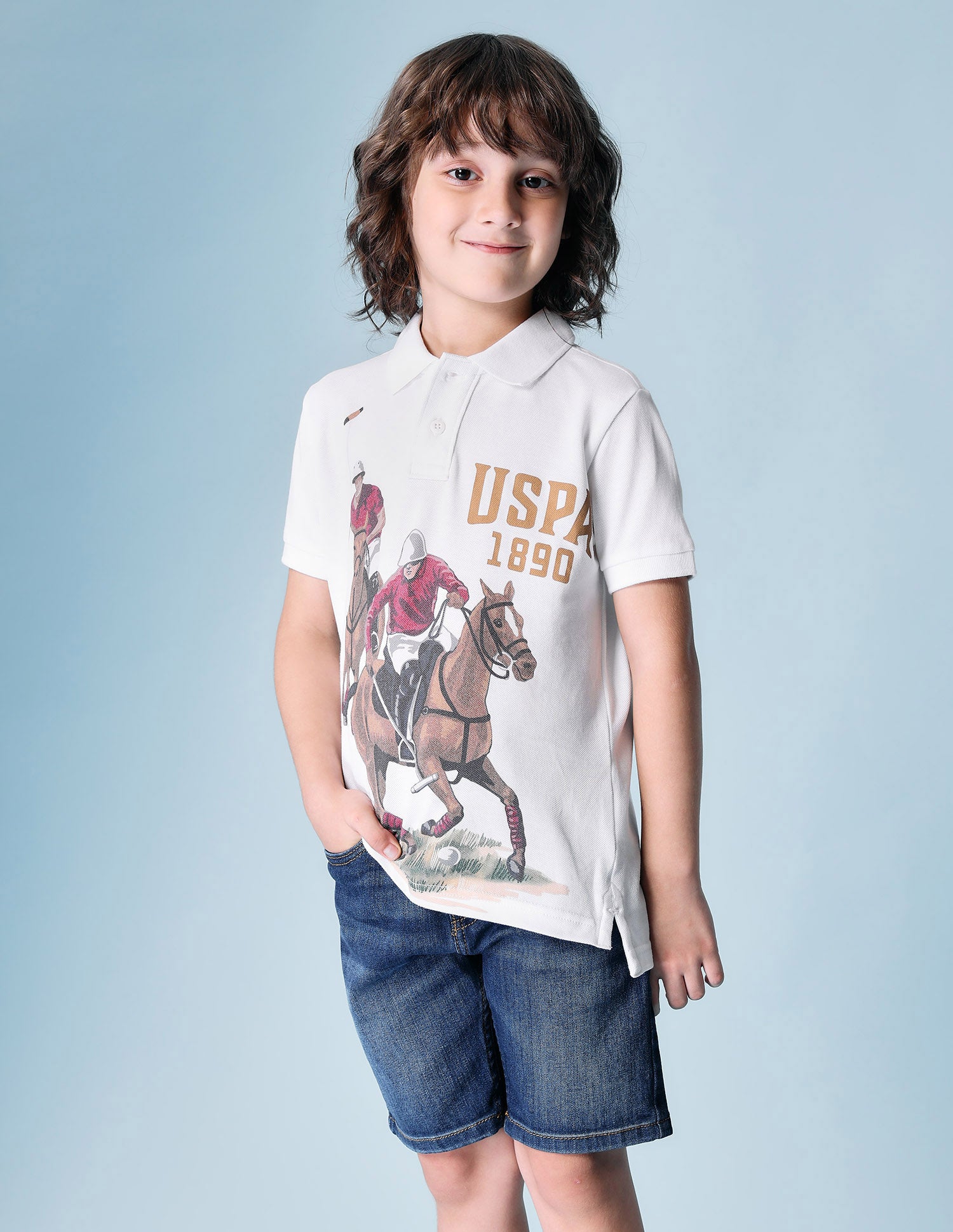 Boys Brand Printed Pure Cotton Polo Shirt White - U.S. POLO ASSN. | Large