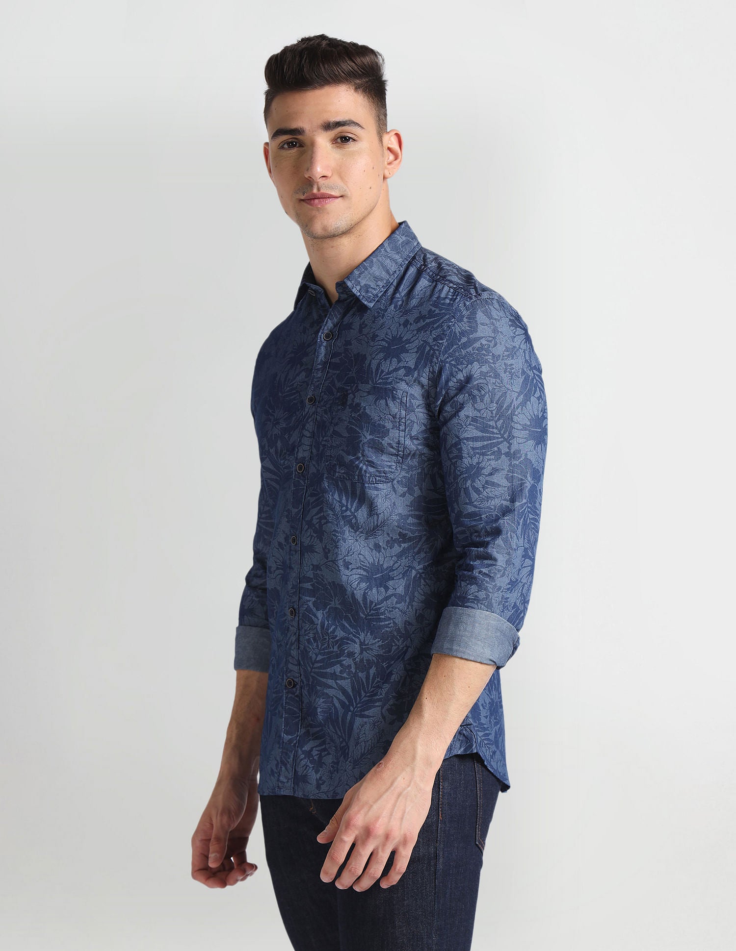 Floral Print Chambray Shirt Blue - U.S. Polo Assn. India | Large