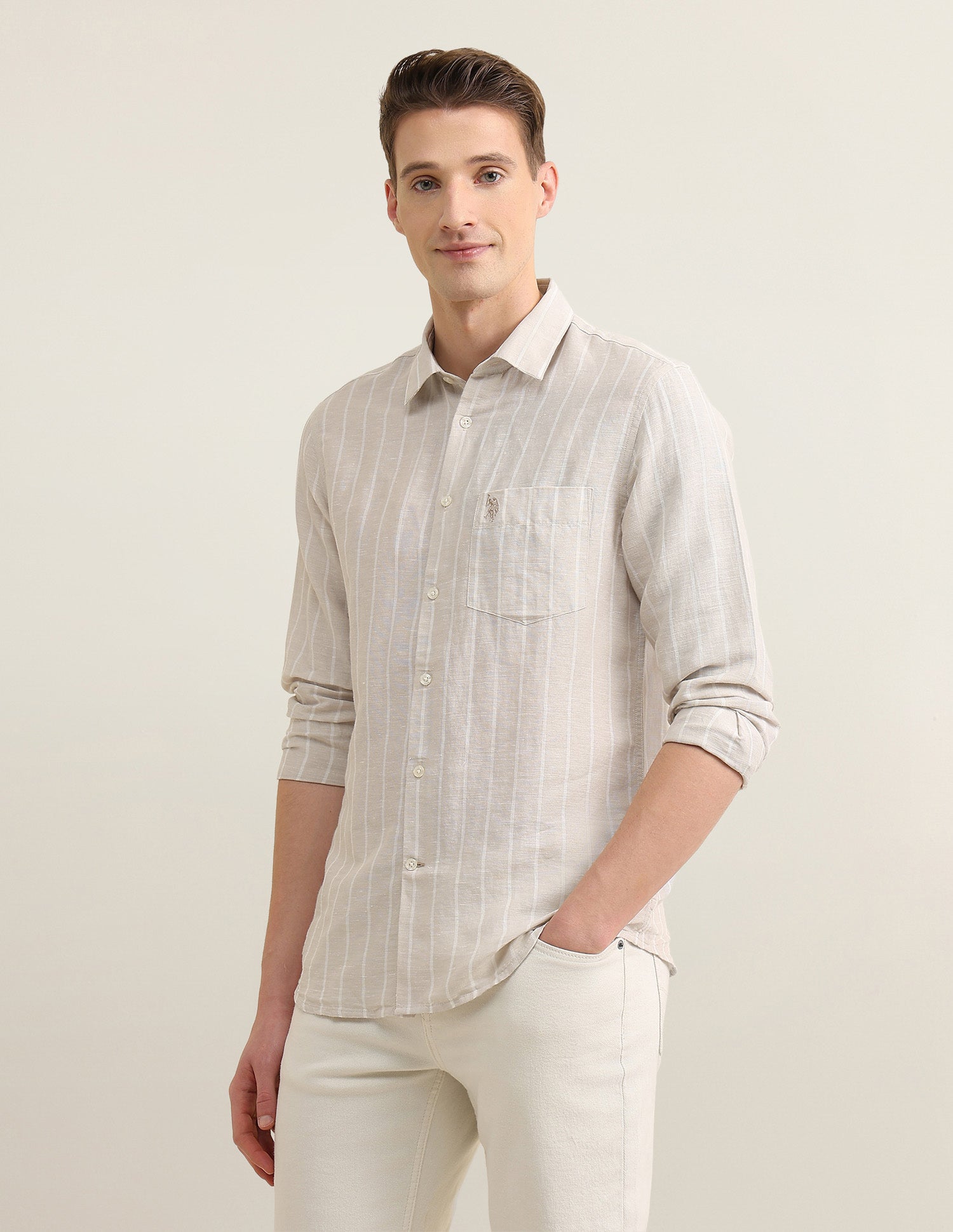 Vertical Striped Sotogrande Regular Fit Shirt Ivory - U.S. Polo Assn. India | Large